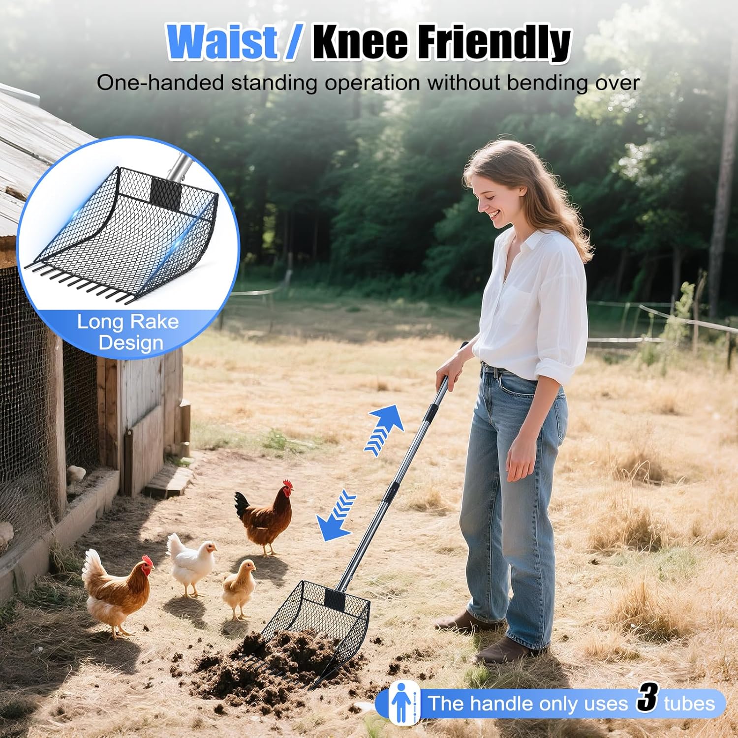 Chicken Poop Scooper & Rake 2-in-1, Metal Chicken Coop Scoop for Poop with 24 to 68" Adjustable Stainless Steel Handle, Litter Scooper Sand Sifting Shovel Chicken Coops/Animals House