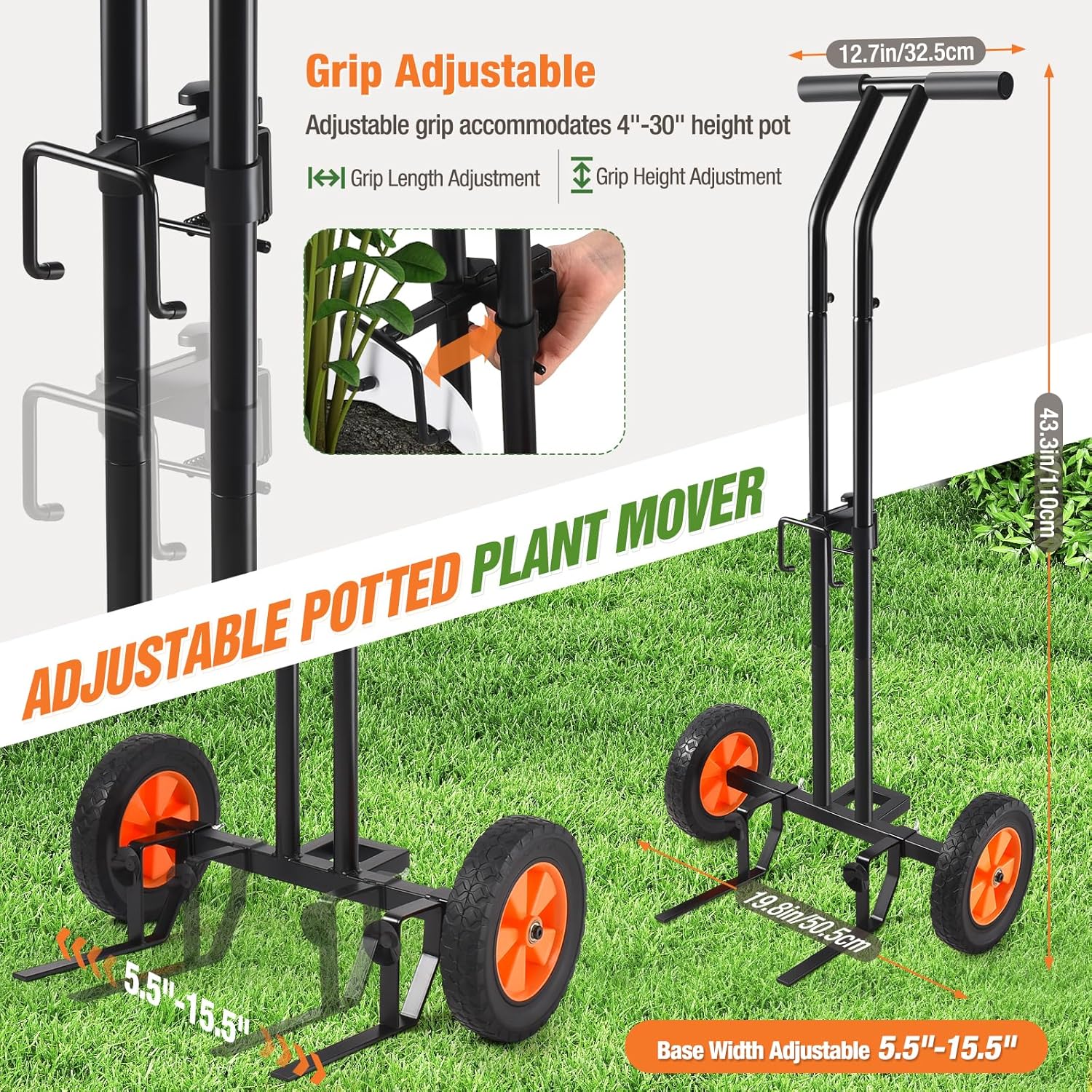 Plant Caddy with Wheels, Heavy Duty Plant Dolly Cart with Adjustable Grabbing Arm and Suction Cups for Plant Pots, Garden Pot Mover Trolley Cart with Strap, Ideal for Indoor and Outdoor Use, Black