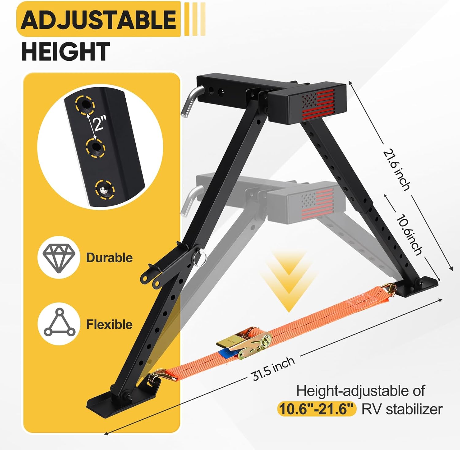 RV Hitch Mount Stabilizer, Height Adjustable of 11"-22" RV Stabilizer, Foldable Stabilizer Jacks Universal Fit 2" Receiver with 2 Setting Options, Black