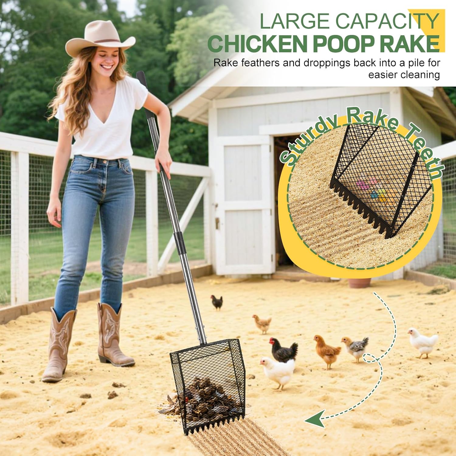 Updated Chicken Poop Scooper and Rake, 2-in-1 Chicken Coop Scoop Sand Rake, Stainless Steel Handle (43–73"), Litter Scooper & Sand Sifting Shovel, Good for Chicken Coops & Farm Animals Scoop