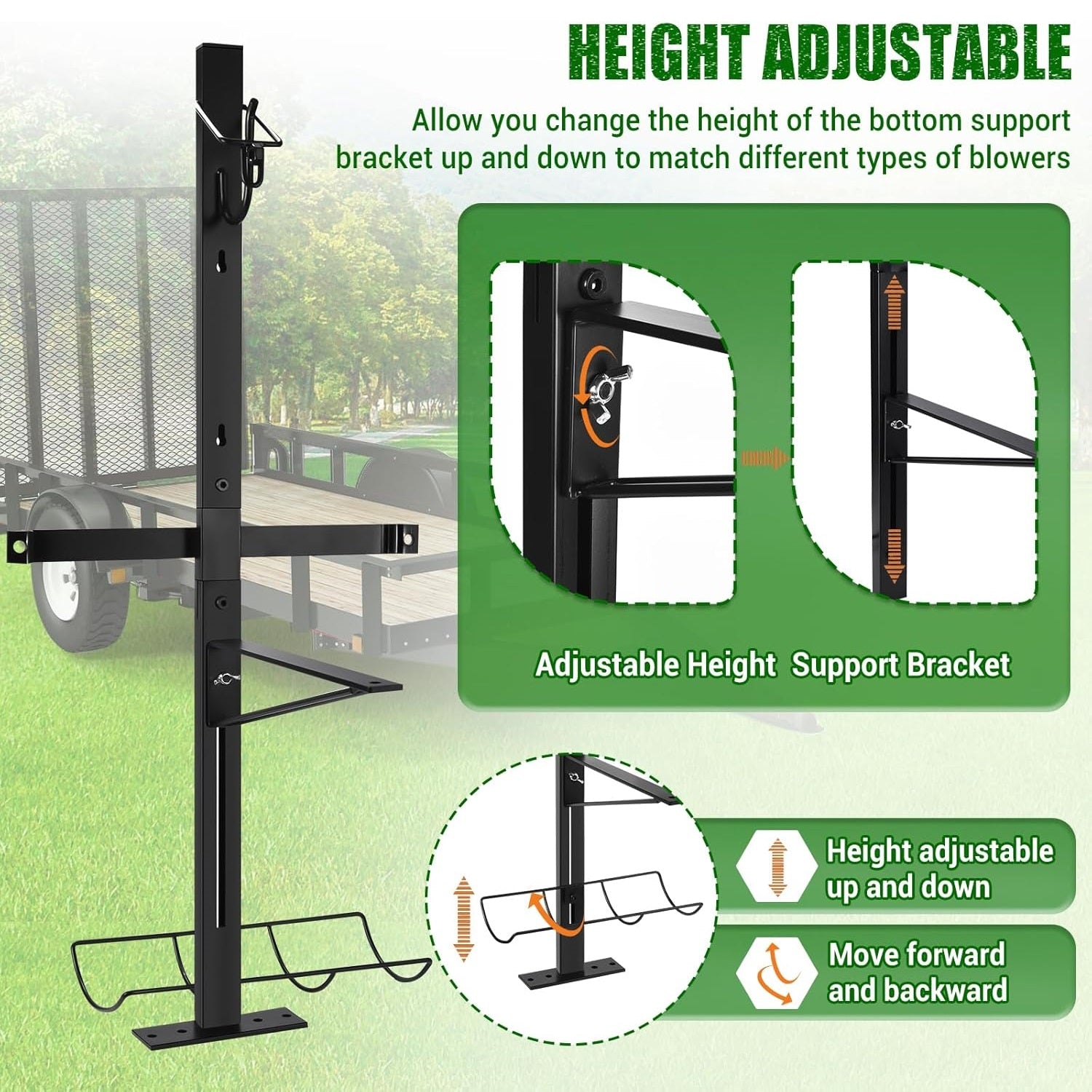 Backpack Blower Rack for Trailer, Steel Leaf Backpack Blower Holder for Open and Enclosed Lawn Landscape Trailer Truck, Height Adjustable Holding Base Fit 16"-25" Blowers