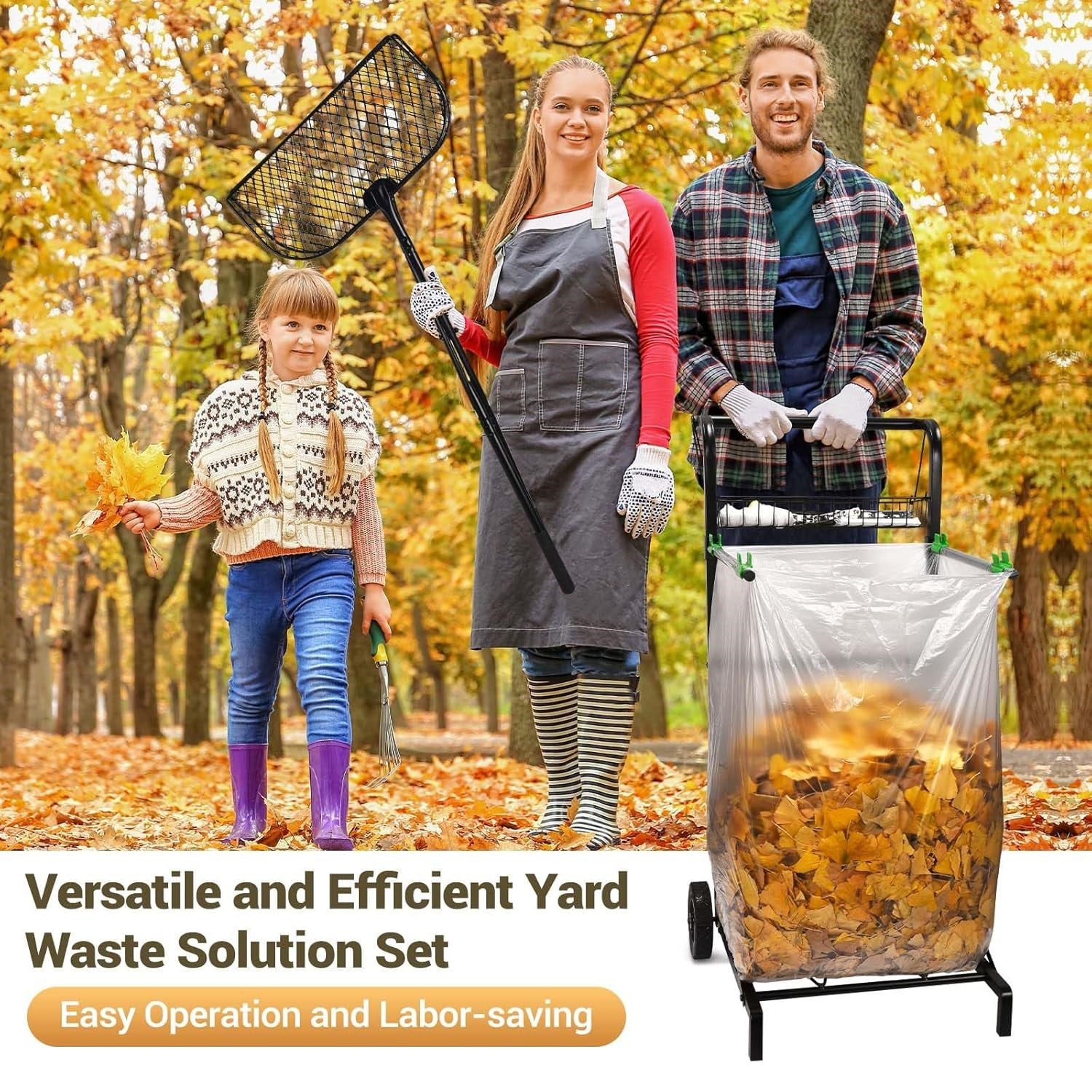 CAROD Mobile Leaf Bag Holder with Leaves Grabber Rake Combo, Lightweight Metal Leaf Grabber with Long Handle, Convenient Trash Bag Cart Holds 30-45 Gallon Trash Bags for Leaves Weeding Camping Party