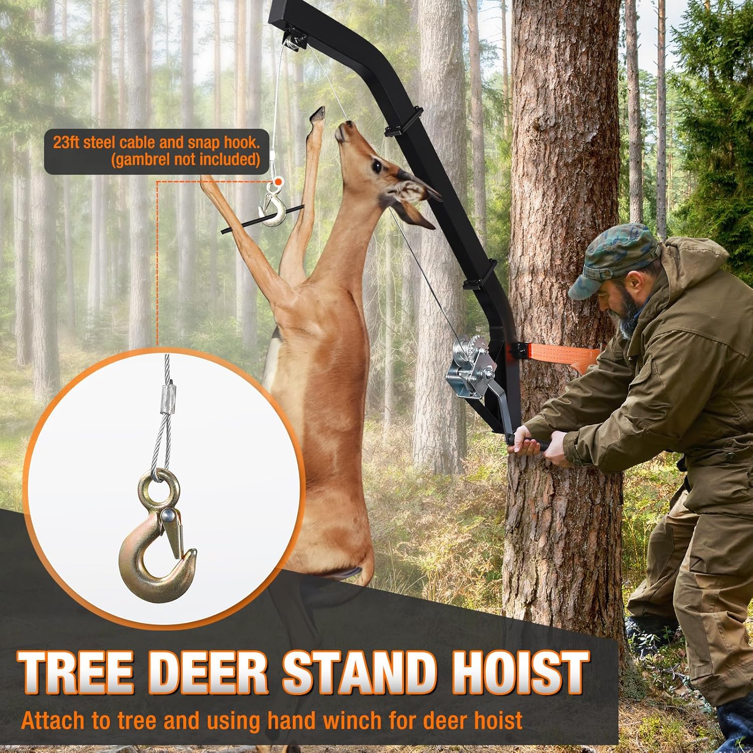 Tree Mounted Deer Hoist Stand for Hunting, 500LBS Capacity Deer Stand with Manual Winch, 23FT Steel Cable Heavy Duty Deer Hanger for Skinning, Field Dressing, Included Ratchet Strap Lock On Tree Stand