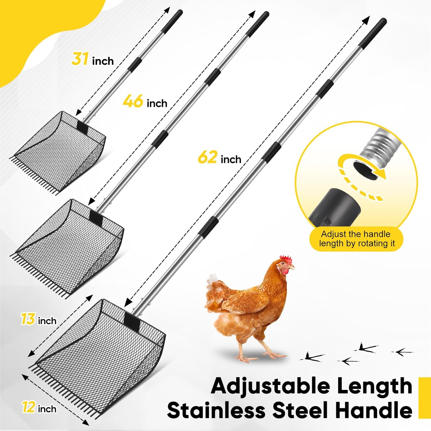 Extra Large Chicken Poop Scooper & Rake, Metal Coop Scoop for Chicken with 24 to 68" Adjustable Stainless Steel Handle, Litter Poop Scooper for Sand & Sifting Shovel for Chicken Coops/Animals House