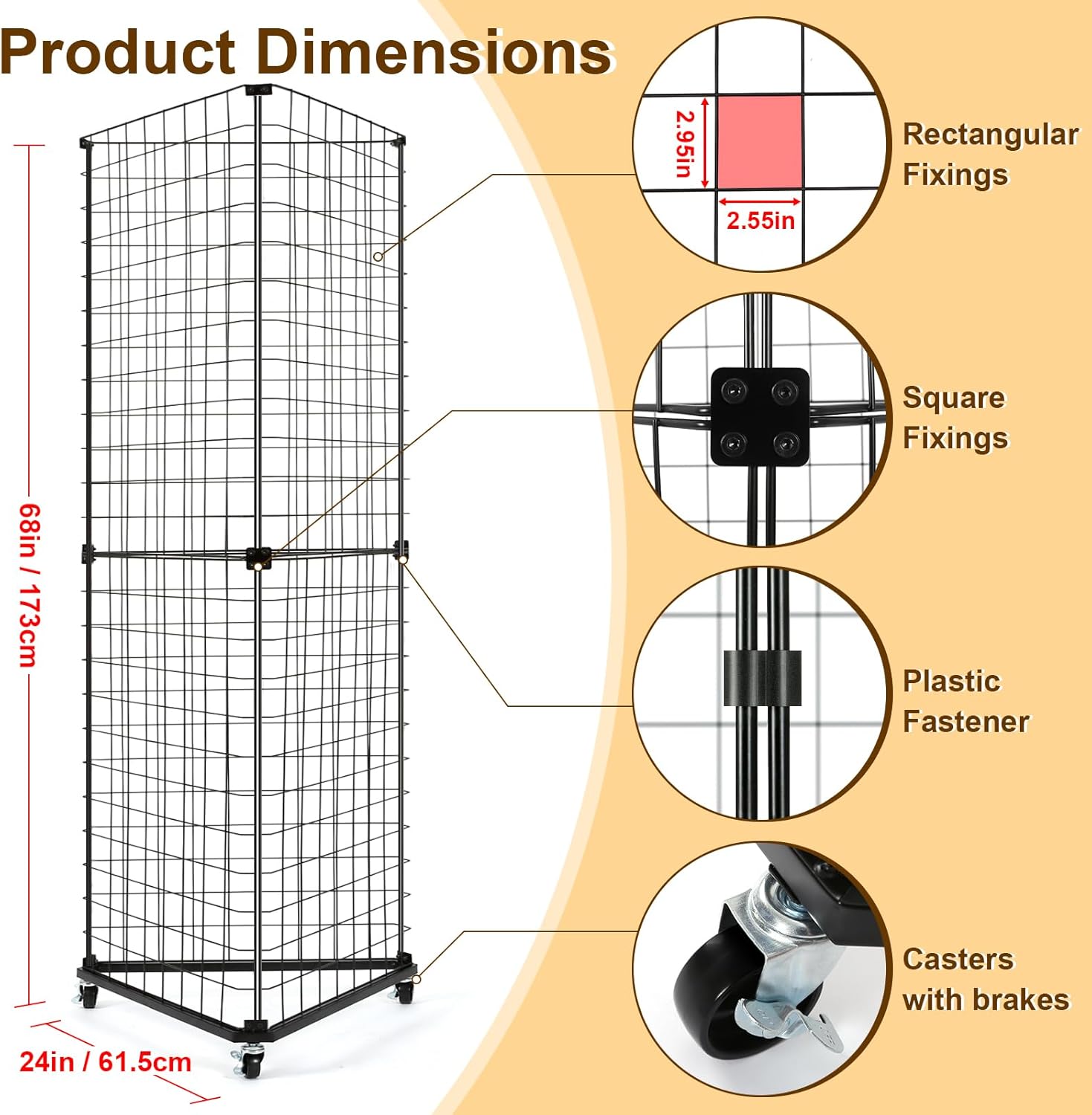 GADFISH Triangular Gridwall Panel Display Stand, Black Triangle Wire Grid Tower with Base and Casters, 24" x 68" Rolling Grid Wall, Grid Panel Stand for Home Organization, Retail, Trade Show, Vendor