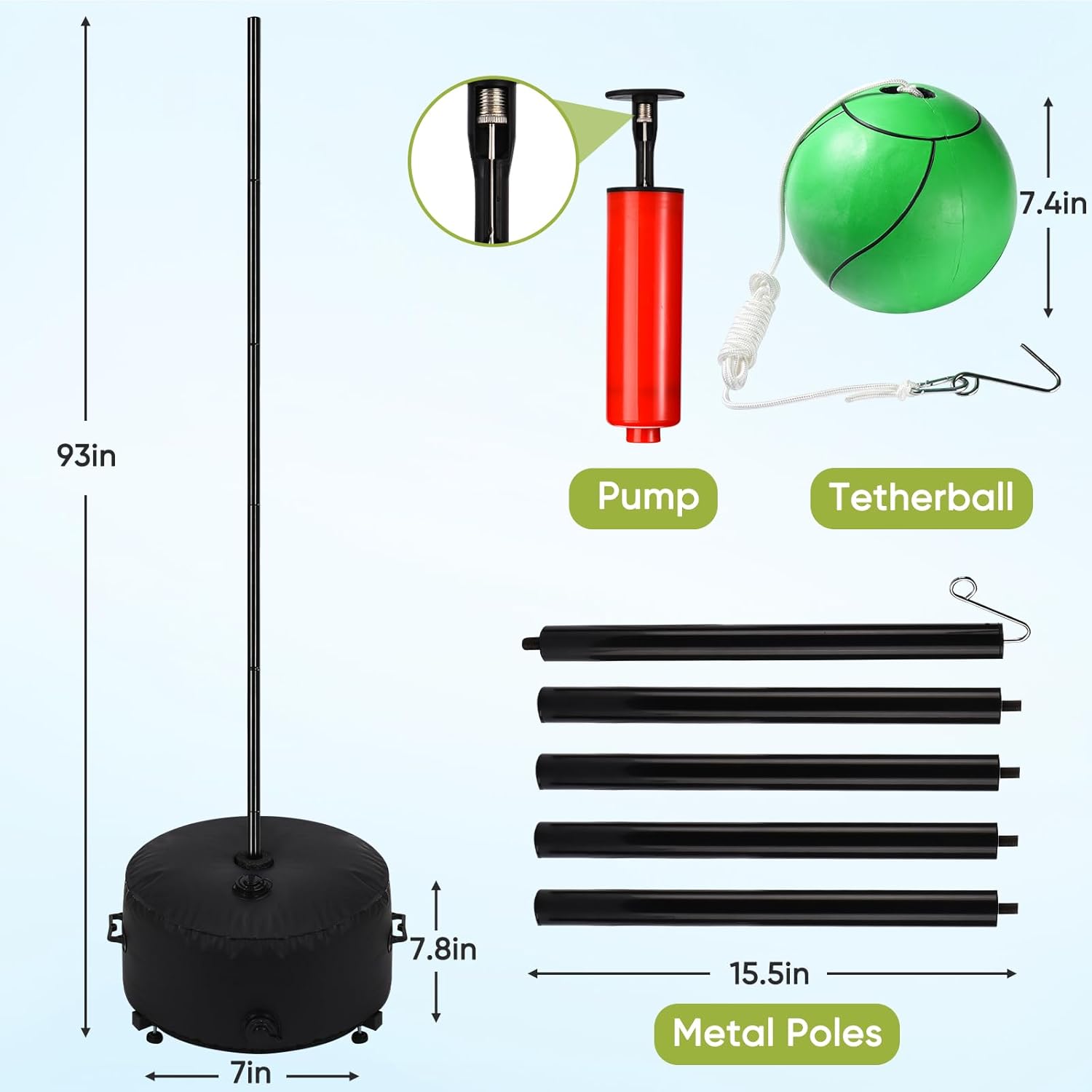 Heavy Duty Tetherball Set with Ball & Rope, Adjustable Height Tether Ball Poles, Upgraded Stand Base, Family Fun Activity Portable Tetherball Set for Indoor & Outdoor Backyard, Lawn, Beach