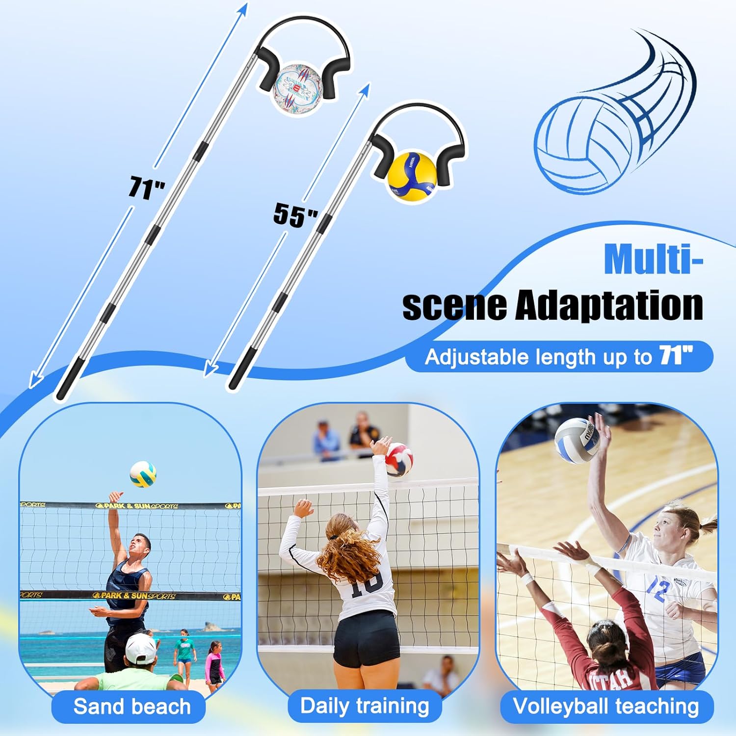 Volleyball Spike Trainer, Adjustable 40"-71.6" Volleyball Hitting Trainer, Double Arc Protection Quick Pickup Volleyball Spike Aids with 3 Replacement Bandages, Black
