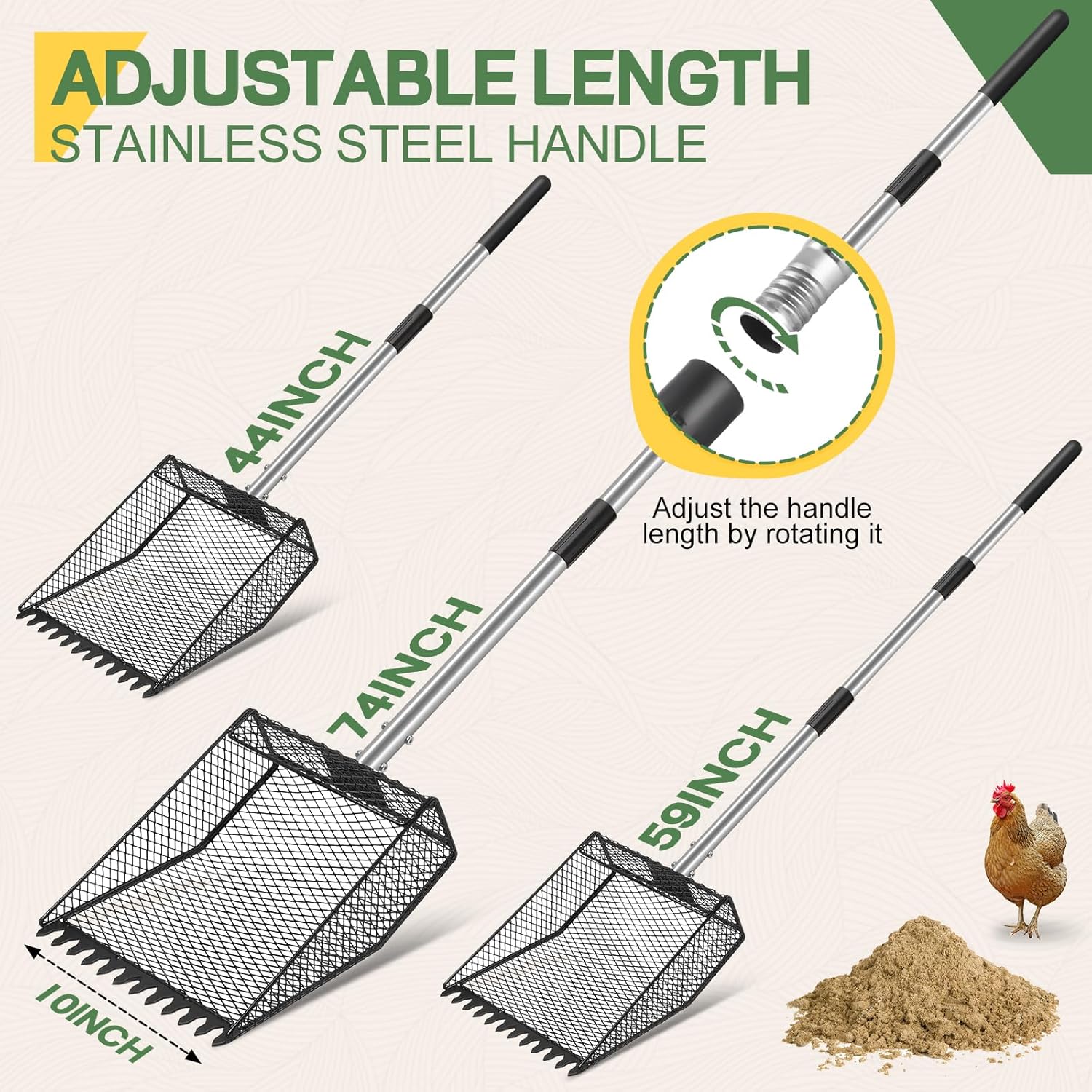 Updated Chicken Poop Scooper and Rake, 2-in-1 Chicken Coop Scoop Sand Rake, Stainless Steel Handle (43–73"), Litter Scooper & Sand Sifting Shovel, Good for Chicken Coops & Farm Animals Scoop