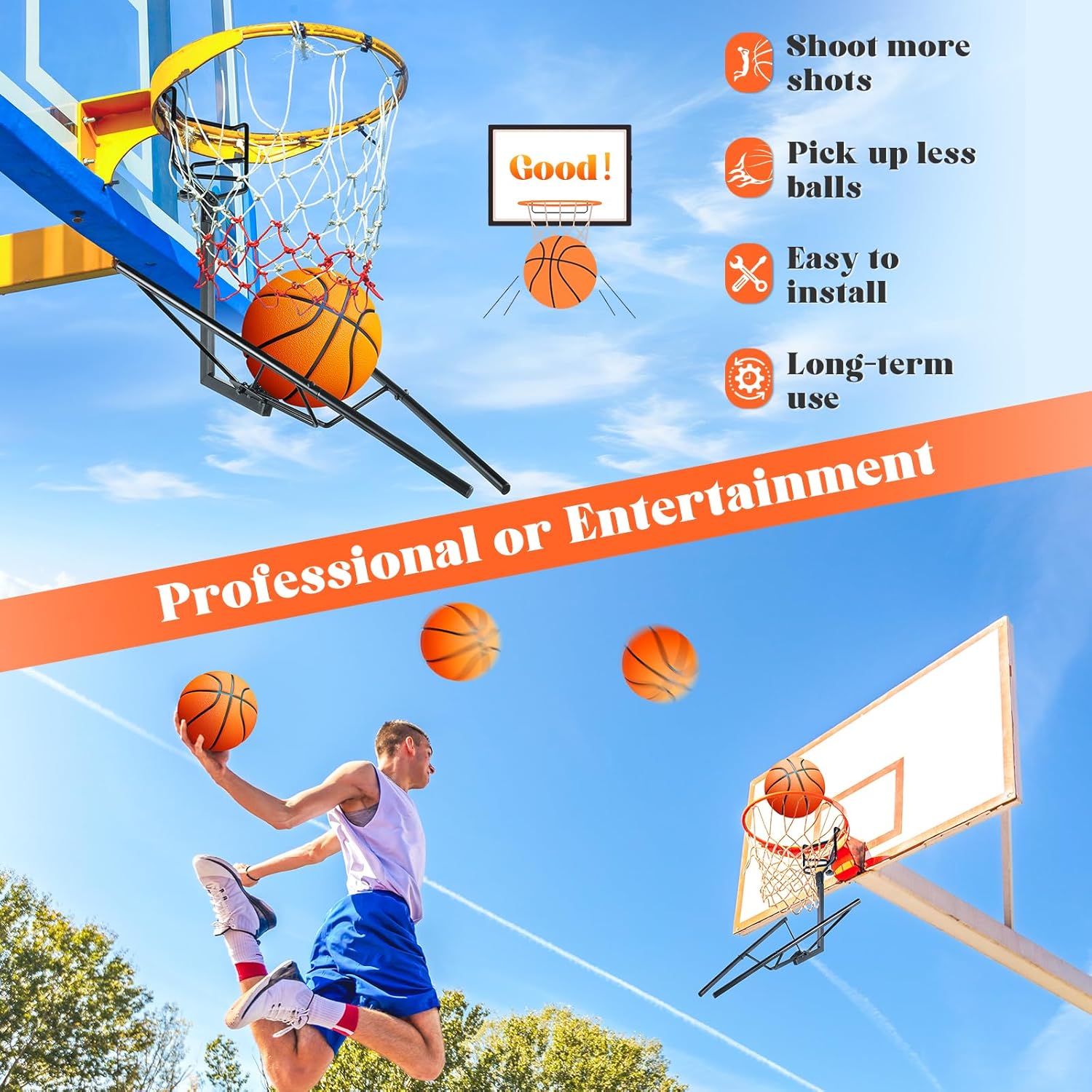 GADFISH Basketball Return Attachment, Heavy Duty Basketball Rebounder Basketball Accessories, Durable Basketball Ball ReturnTraining Gear Stuff for Most Basketball Hoop