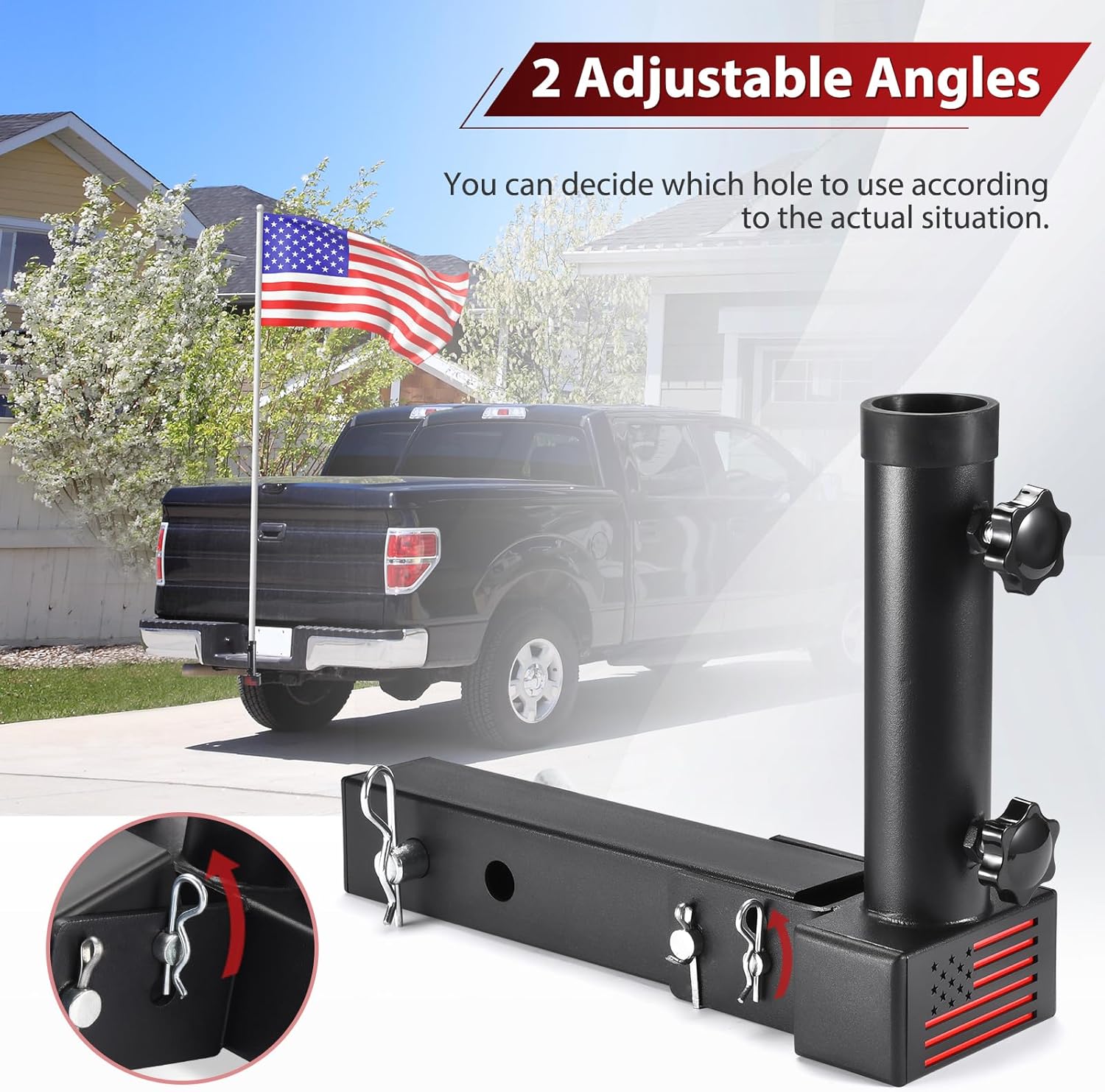 GADFISH Trailer Hitch Flagpole Mount, 2 Mounting Options US Flag Hitch Mount, Universal Flag Hitch Mount for All 2" Receiver, Trailer Hitch Flag Pole Holder for Driving, Black (for 1 Flagpole)