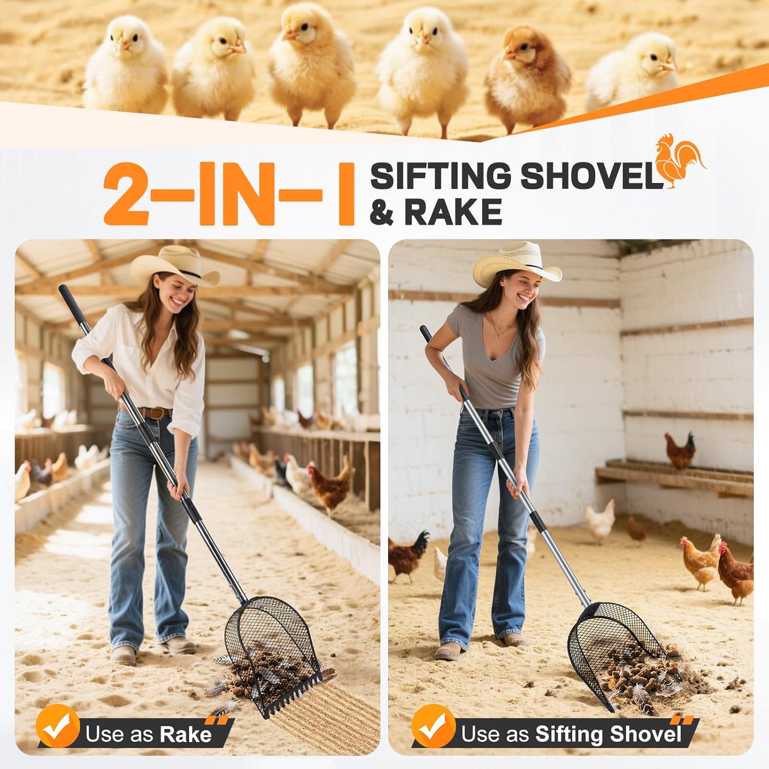 Metal Chicken Poop Scooper and Rake 2-in-1, Chicken Coop Scoop for Poop Sand with Stainless Steel Handle (43-73" Adjustable), Sifter Shovel Chicken Coop Sand Rake for Chicken Coops & Farm Animals