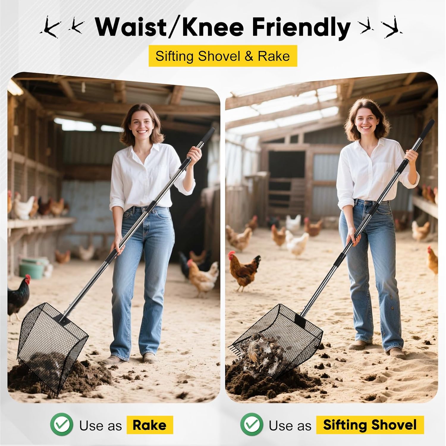 Extra Large Chicken Poop Scooper & Rake, Metal Coop Scoop for Chicken with 24 to 68" Adjustable Stainless Steel Handle, Litter Poop Scooper for Sand & Sifting Shovel for Chicken Coops/Animals House