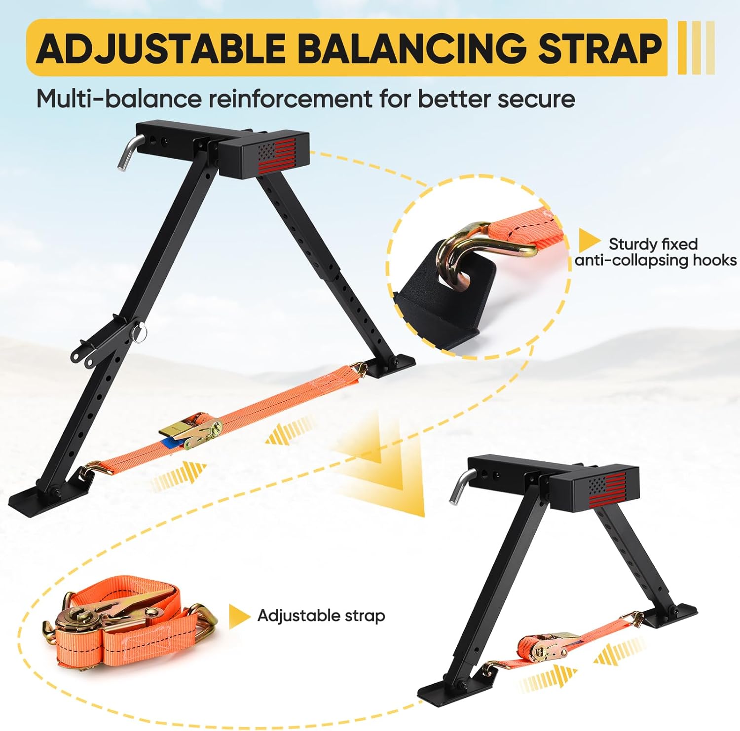 RV Hitch Mount Stabilizer, Height Adjustable of 11"-22" RV Stabilizer, Foldable Stabilizer Jacks Universal Fit 2" Receiver with 2 Setting Options, Black