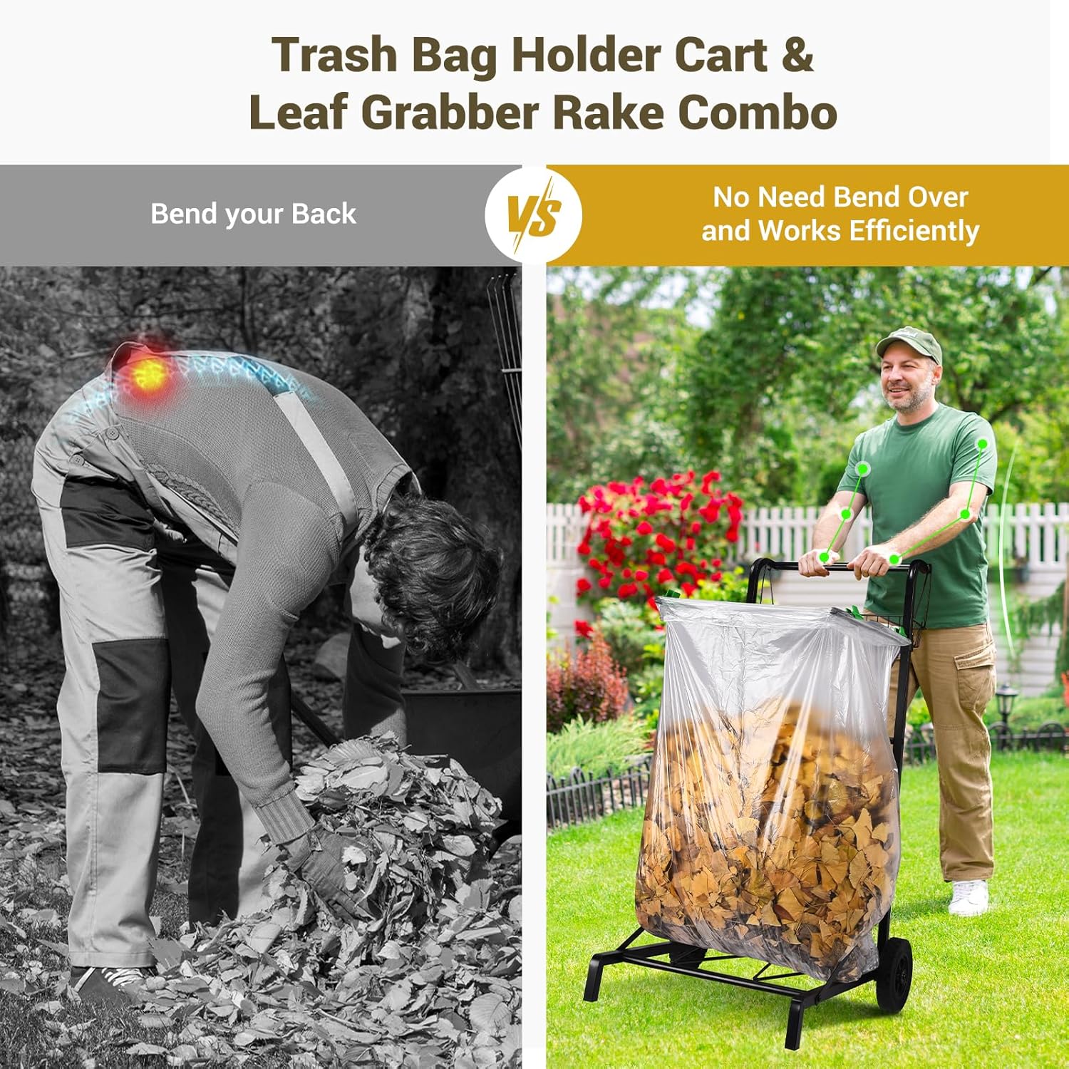 CAROD Mobile Leaf Bag Holder with Leaves Grabber Rake Combo, Lightweight Metal Leaf Grabber with Long Handle, Convenient Trash Bag Cart Holds 30-45 Gallon Trash Bags for Leaves Weeding Camping Party