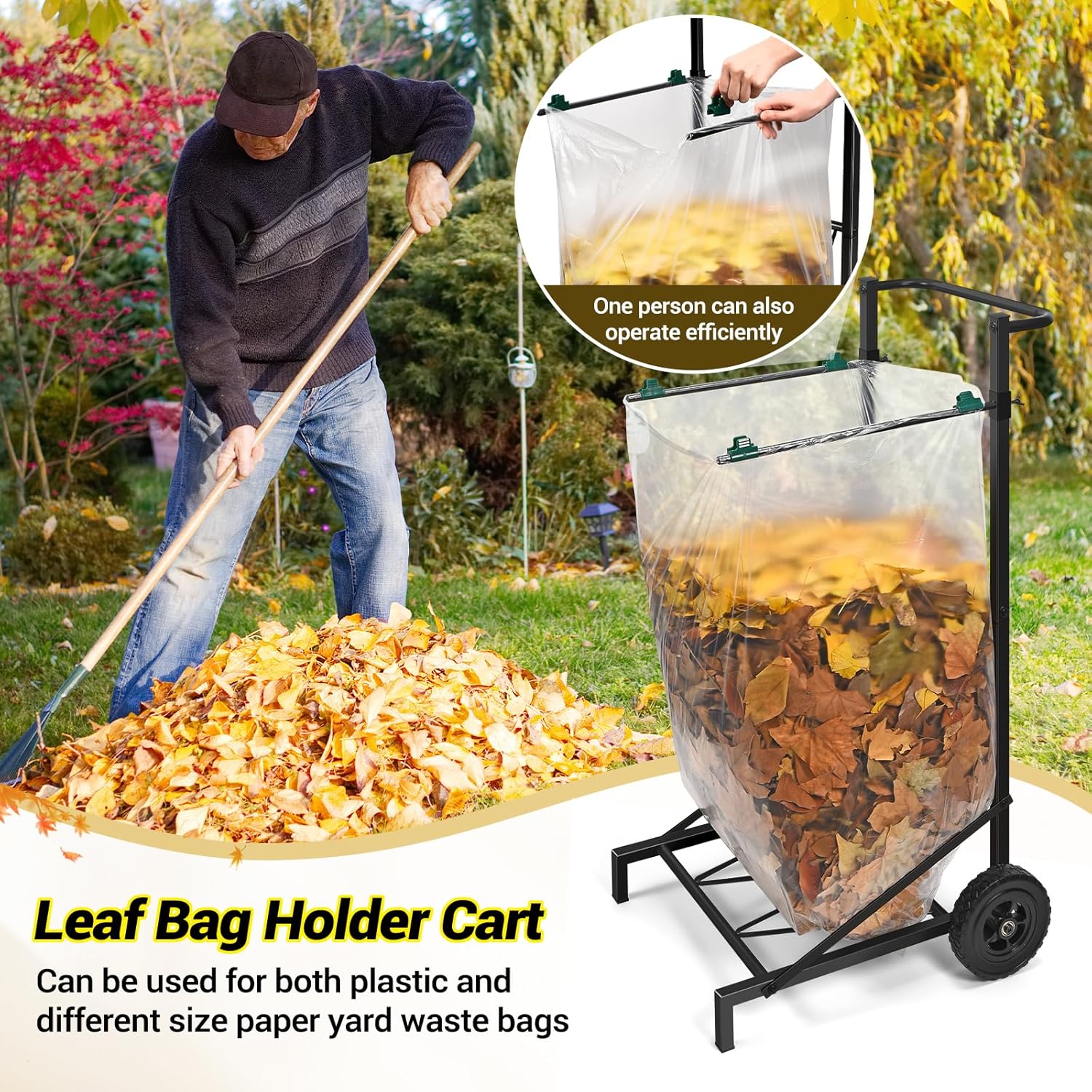 Trash Bag Holder Cart, Adjustable Metal Leaf Bag Holder from 30-45 Gallon Capacity, Mobile Garbage Bag Holder, Outdoor Garden Leaf Bag Stand for Yard & Lawn Cleanup, Gardening, Camping, Parties