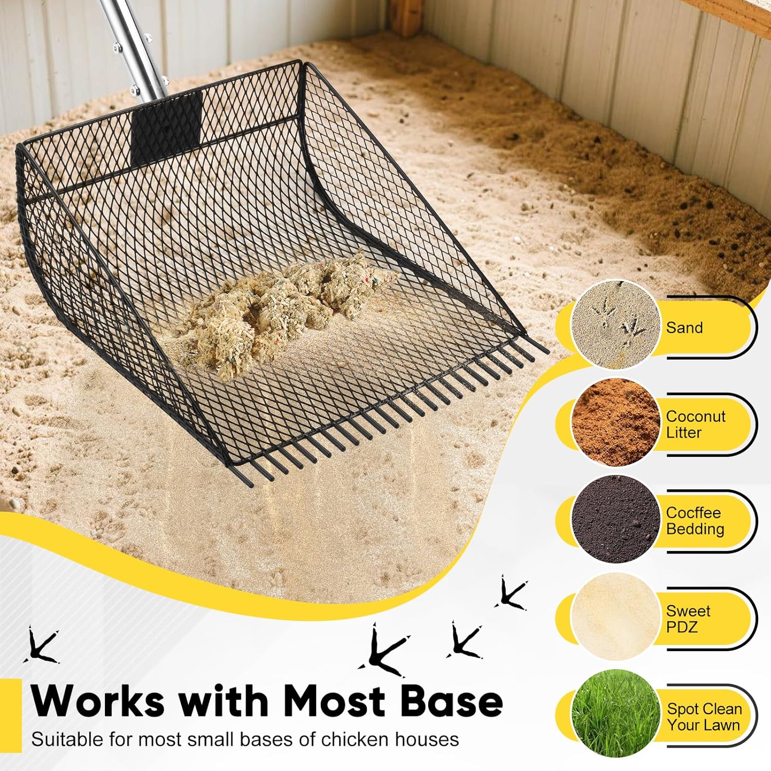 Extra Large Chicken Poop Scooper & Rake, Metal Coop Scoop for Chicken with 24 to 68" Adjustable Stainless Steel Handle, Litter Poop Scooper for Sand & Sifting Shovel for Chicken Coops/Animals House