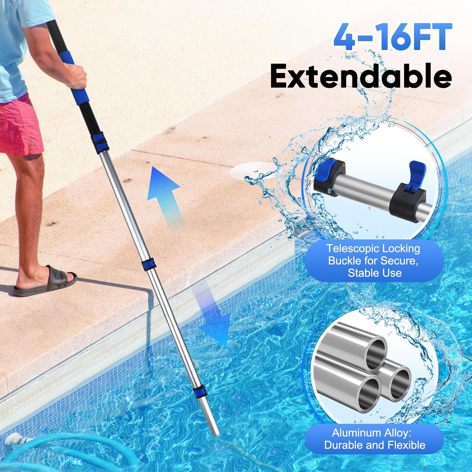 GADFISH Pool Pole Telescopic, 16FT Reach Aluminium Telescoping Pole with 4 Baffle Locks, Universal Extension Pole for Skimmer Nets, Rakes, Brushes and Vacuum Heads -Swimming Pool Cleaning Tools