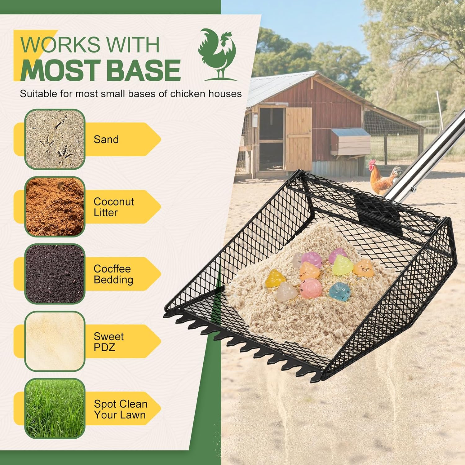 Updated Chicken Poop Scooper and Rake, 2-in-1 Chicken Coop Scoop Sand Rake, Stainless Steel Handle (43–73"), Litter Scooper & Sand Sifting Shovel, Good for Chicken Coops & Farm Animals Scoop