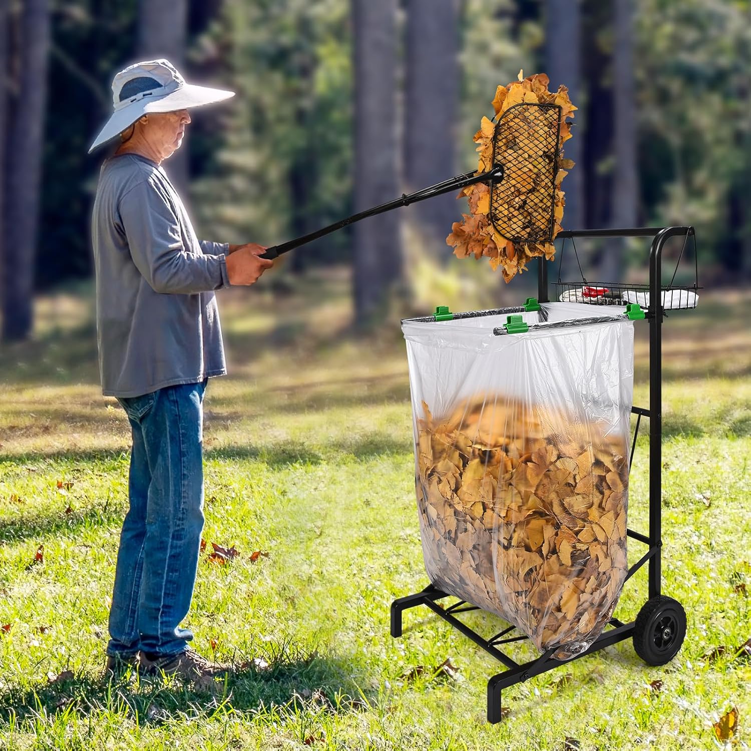 CAROD Mobile Leaf Bag Holder with Leaves Grabber Rake Combo, Lightweight Metal Leaf Grabber with Long Handle, Convenient Trash Bag Cart Holds 30-45 Gallon Trash Bags for Leaves Weeding Camping Party