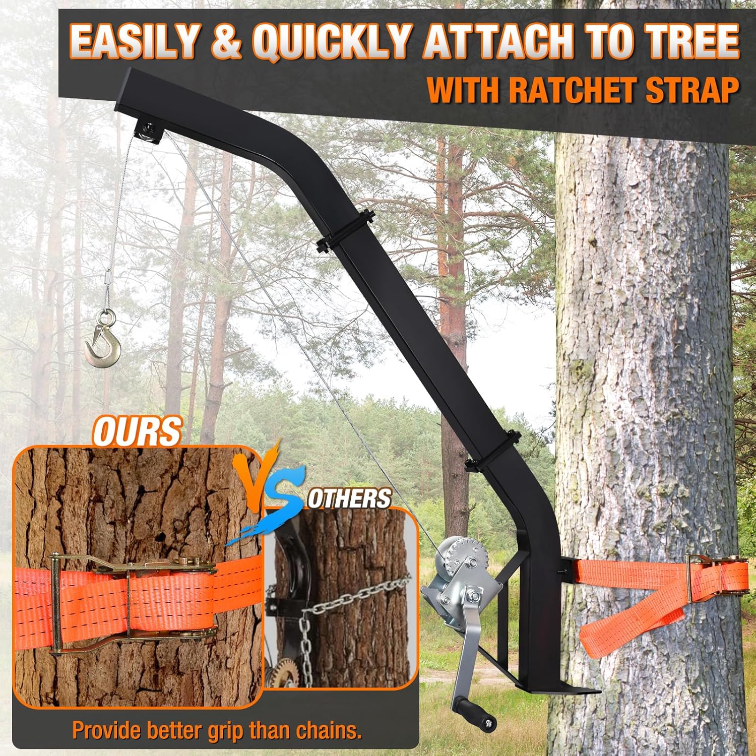 Tree Mounted Deer Hoist Stand for Hunting, 500LBS Capacity Deer Stand with Manual Winch, 23FT Steel Cable Heavy Duty Deer Hanger for Skinning, Field Dressing, Included Ratchet Strap Lock On Tree Stand