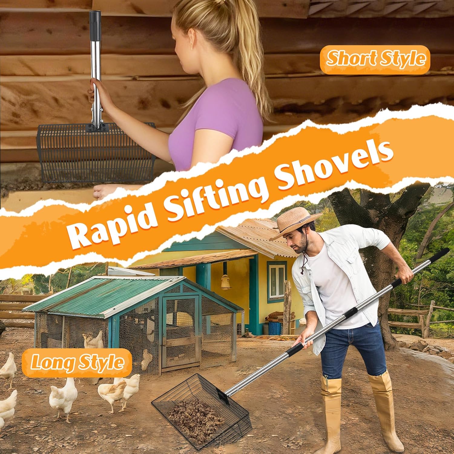15inch Extra Large Chicken Poop Scooper, Heavy Duty Chicken Coop Scoop for Poop with 24 to 68" Stainless Steel Adjustable Handle, Litter Scooper Sifting Shovel Chicken Coop Accessories