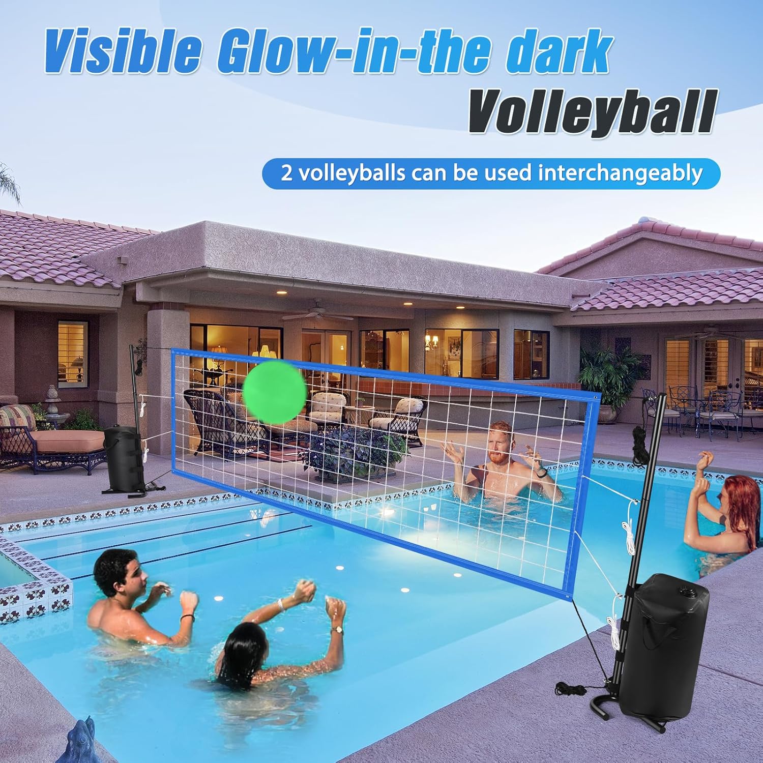 Pool Volleyball Net, Heavy-duty Pool Volleyball Set with 2 Pool Volleyballs, Stabilizing Pool Volleyball Net Holder with Two 25L Dual Water Bags Support - Pool Games for Adults and Family Needs