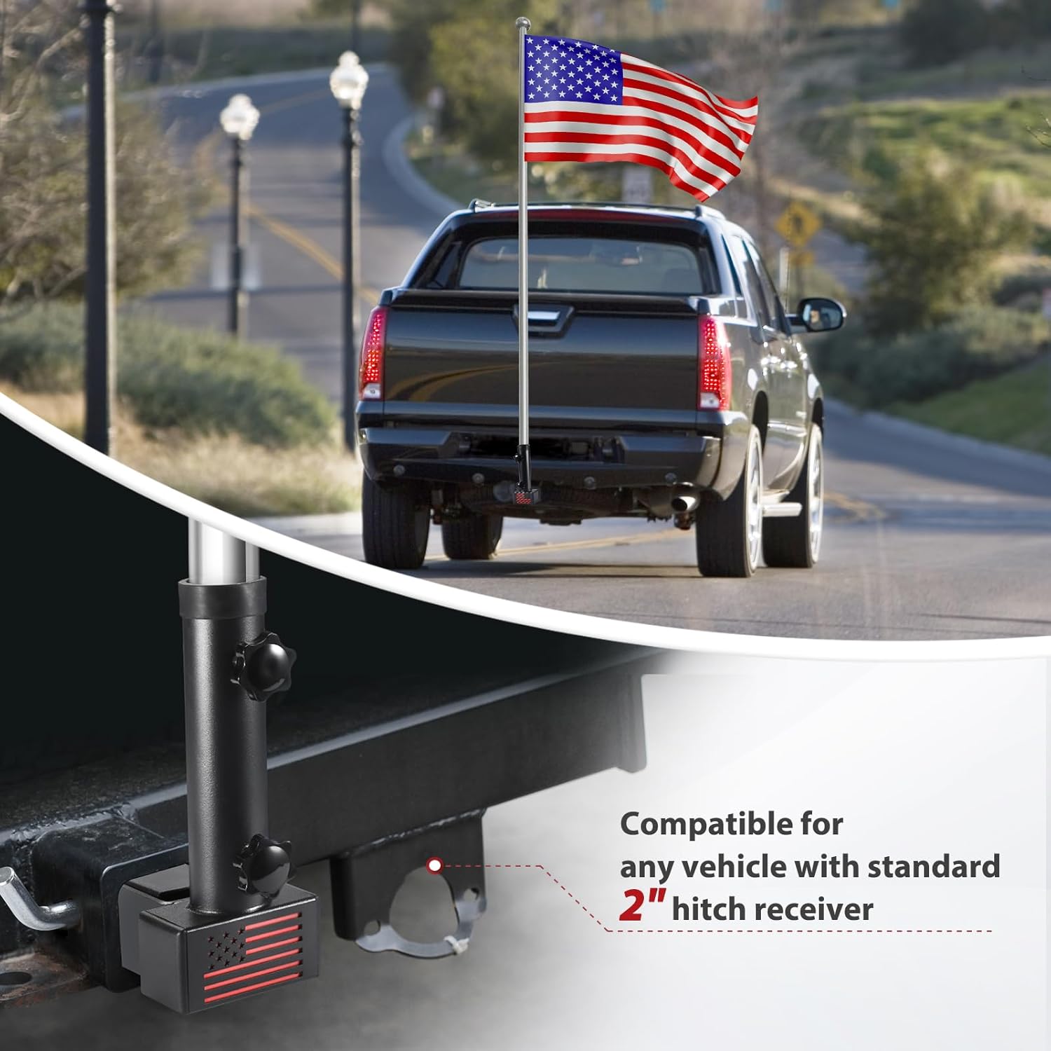 GADFISH Trailer Hitch Flagpole Mount, 2 Mounting Options US Flag Hitch Mount, Universal Flag Hitch Mount for All 2" Receiver, Trailer Hitch Flag Pole Holder for Driving, Black (for 1 Flagpole)