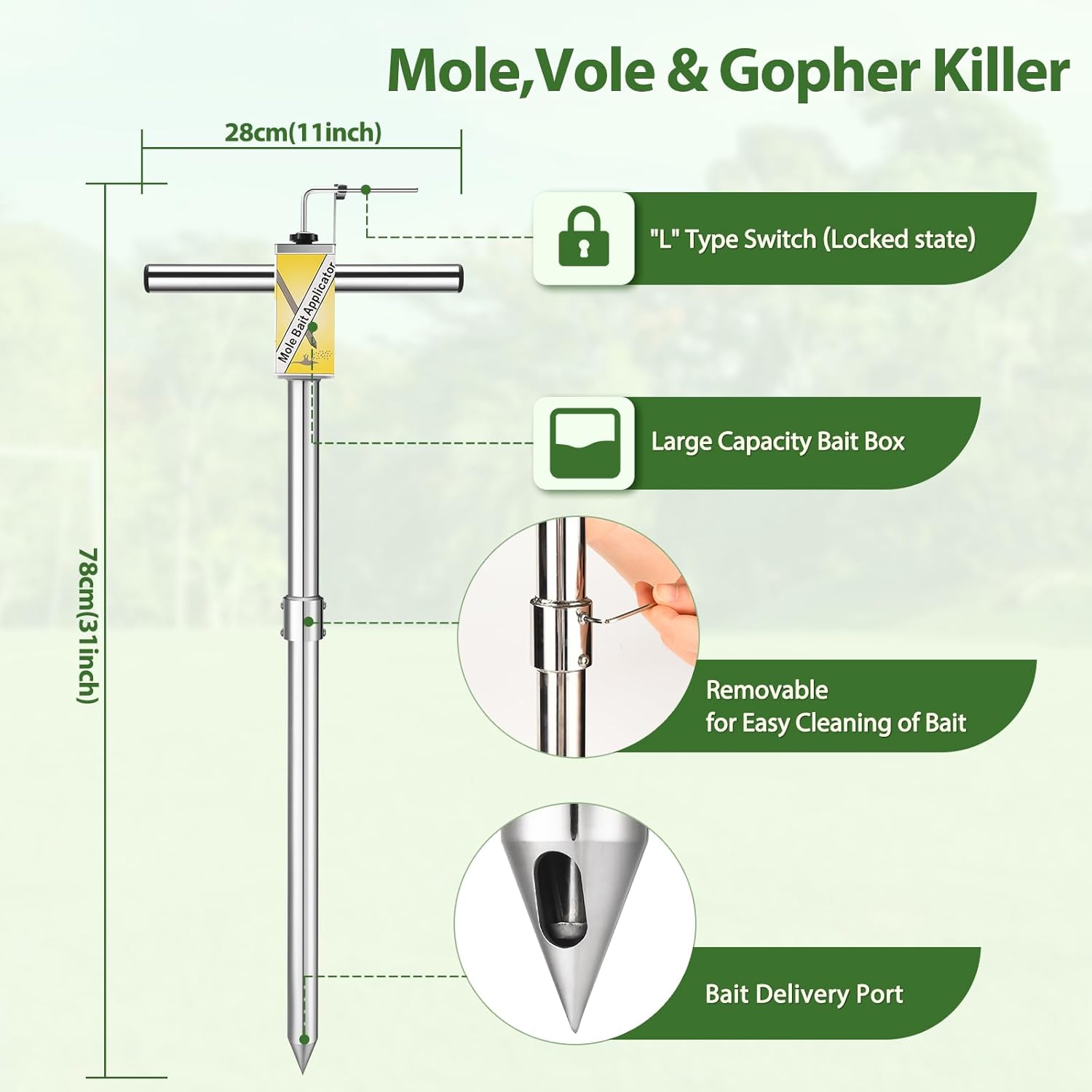 Gopher & Mole Bait Applicator, Stainless Steel Gopher/Mole/Vole Killer, Durable and Removable Gardening Pest Control Tool for Yard, Upgraded Non-Clogging Bait Outlet(Not Include Bait)