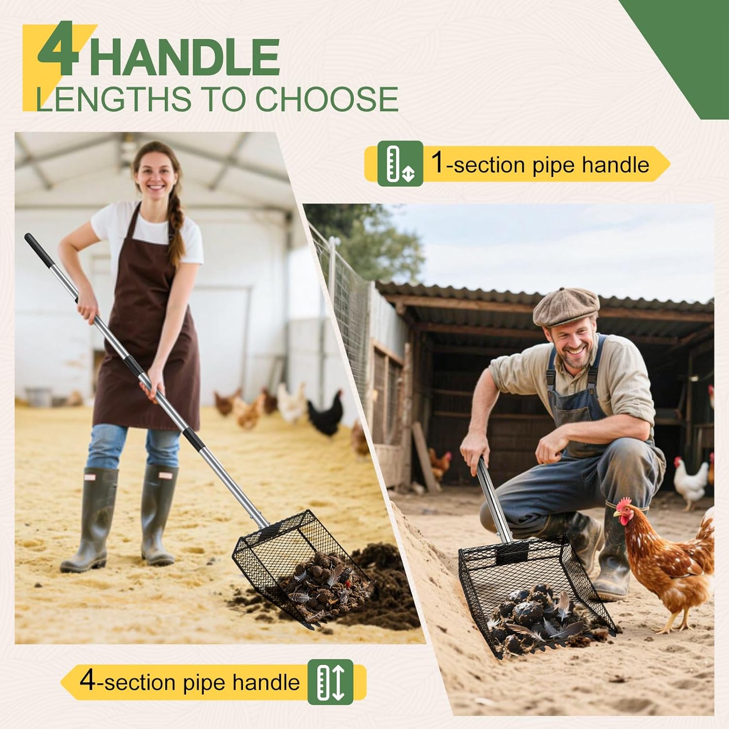 Updated Chicken Poop Scooper and Rake, 2-in-1 Chicken Coop Scoop Sand Rake, Stainless Steel Handle (43–73"), Litter Scooper & Sand Sifting Shovel, Good for Chicken Coops & Farm Animals Scoop