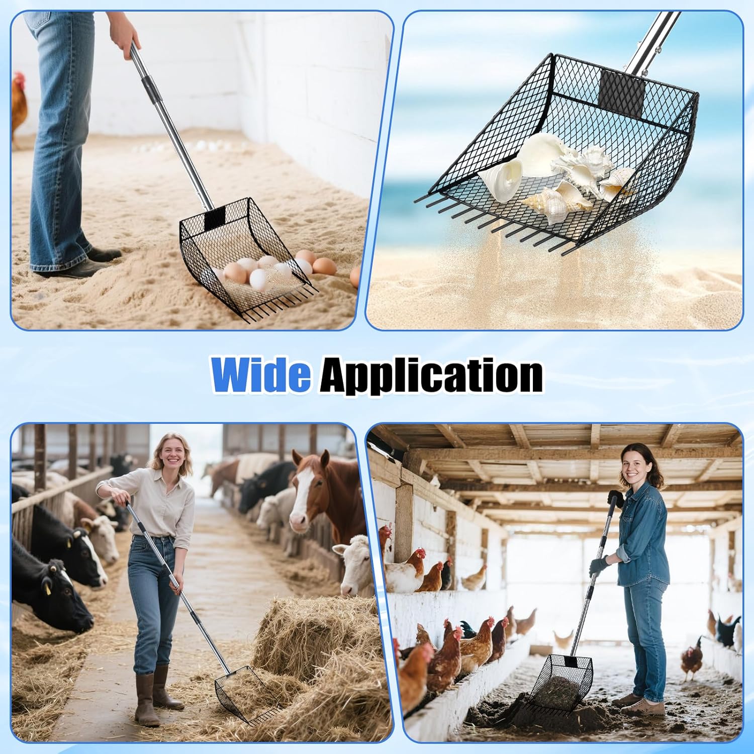 Chicken Poop Scooper & Rake 2-in-1, Metal Chicken Coop Scoop for Poop with 24 to 68" Adjustable Stainless Steel Handle, Litter Scooper Sand Sifting Shovel Chicken Coops/Animals House
