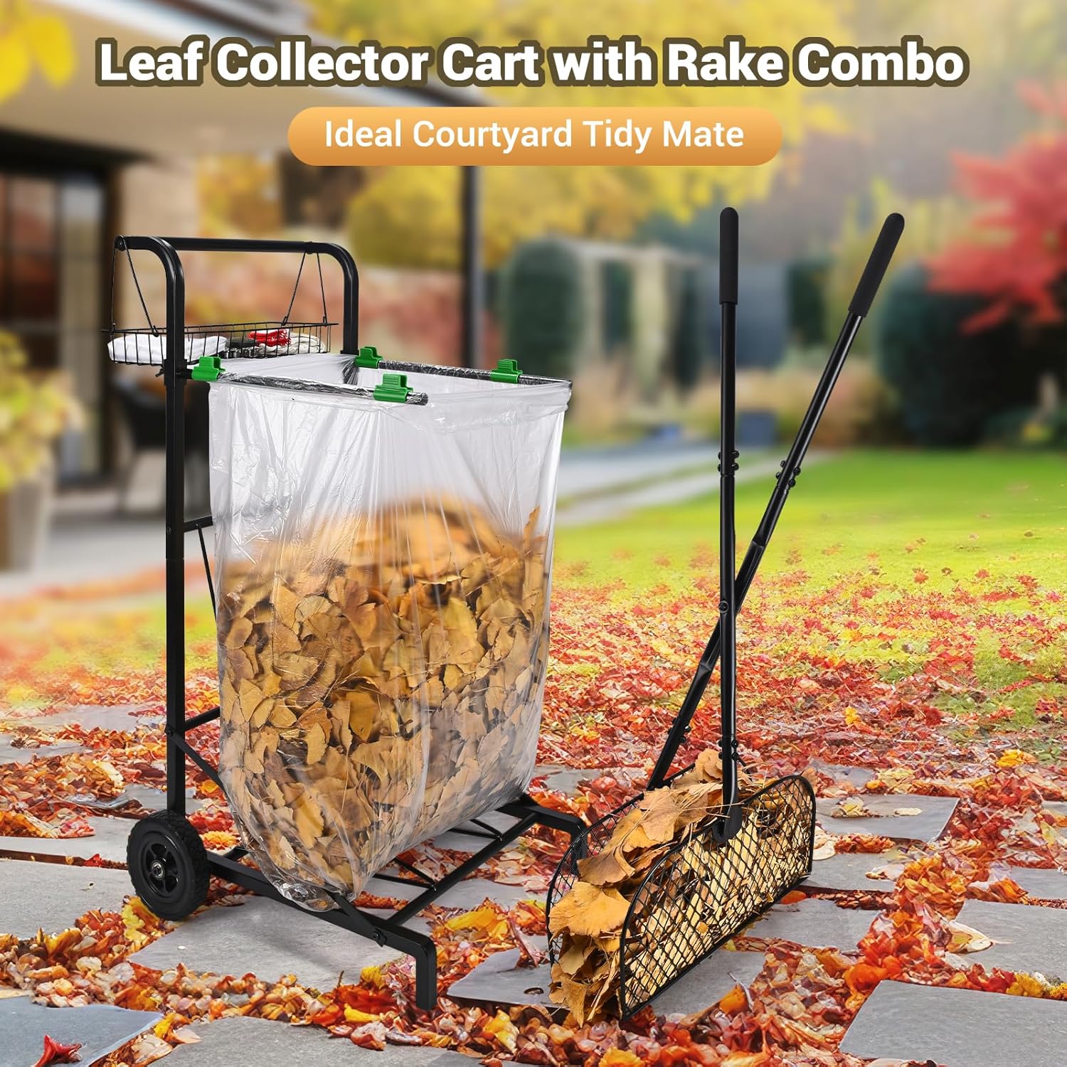 CAROD Mobile Leaf Bag Holder with Leaves Grabber Rake Combo, Lightweight Metal Leaf Grabber with Long Handle, Convenient Trash Bag Cart Holds 30-45 Gallon Trash Bags for Leaves Weeding Camping Party