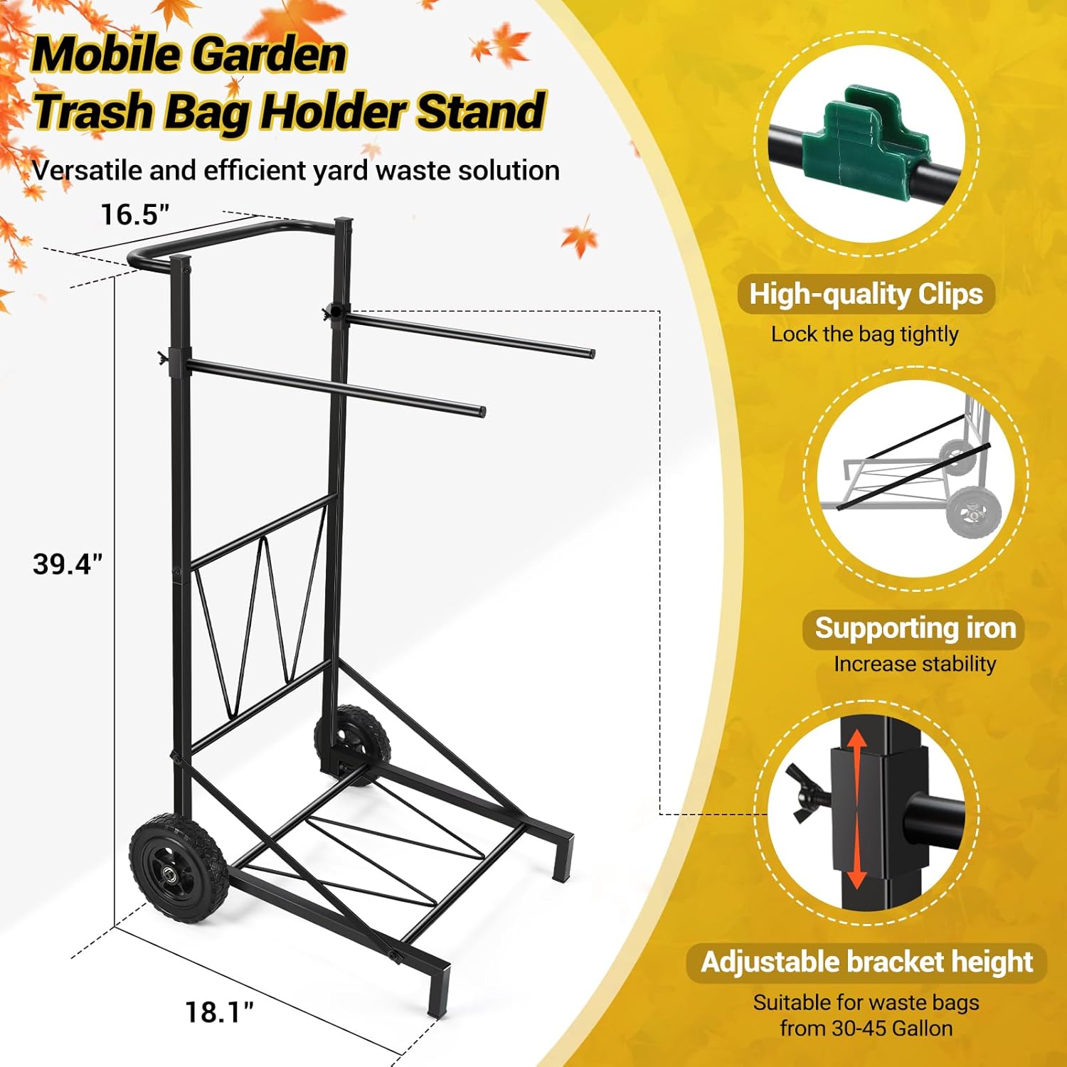 Trash Bag Holder Cart, Adjustable Metal Leaf Bag Holder from 30-45 Gallon Capacity, Mobile Garbage Bag Holder, Outdoor Garden Leaf Bag Stand for Yard & Lawn Cleanup, Gardening, Camping, Parties