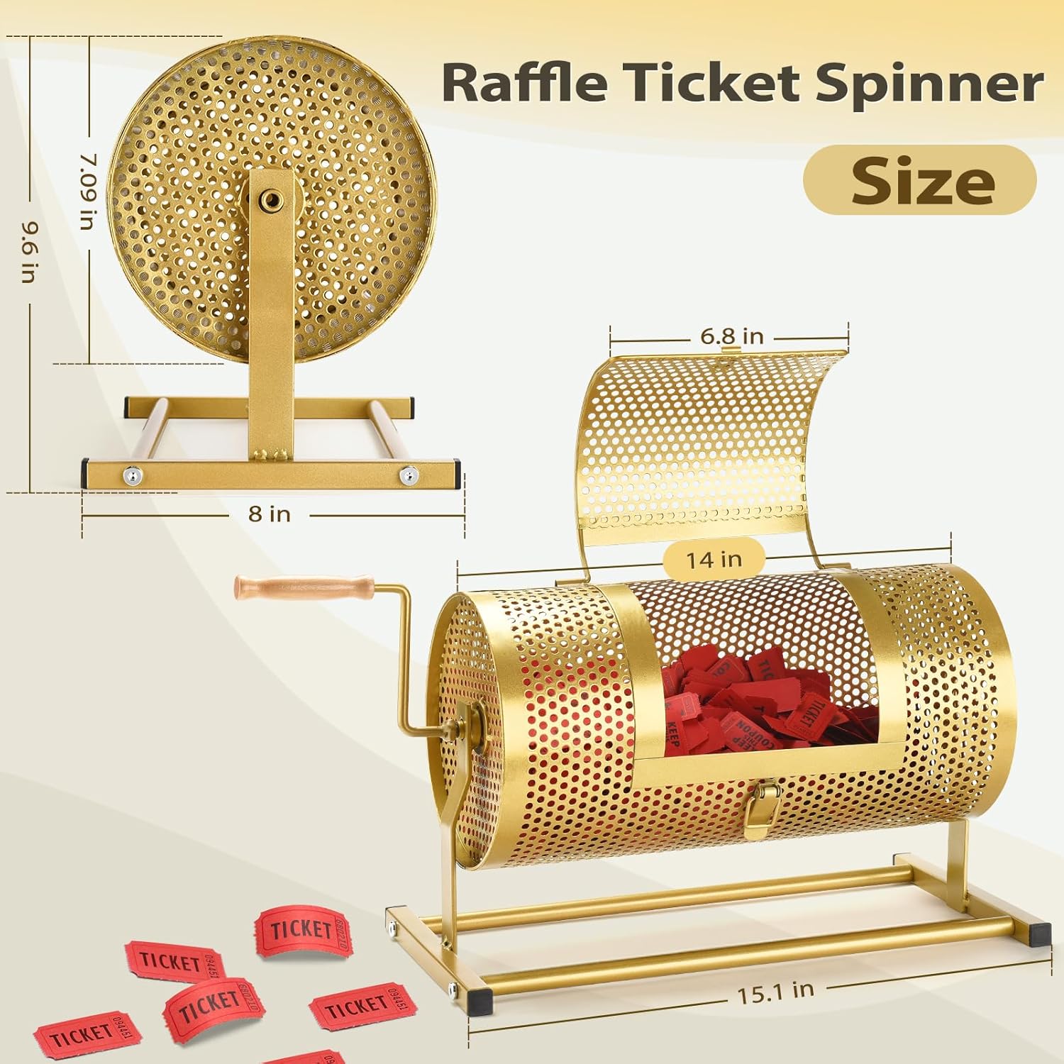 Raffle Drum, Heavy Duty Raffle Ticket Spinner Cage with Wooden Silent Design Turning Handle, Thickened Raffle Ticket Box for Lottery Games, Bingo, Raffle Balls