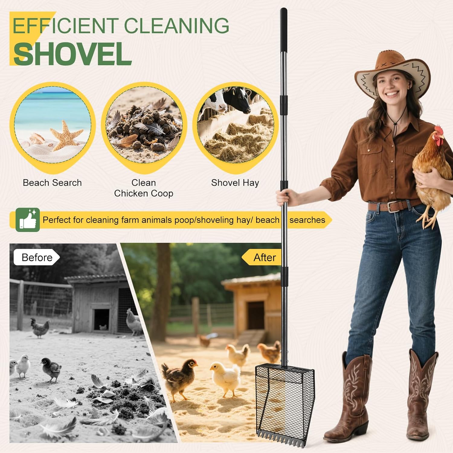 Updated Chicken Poop Scooper and Rake, 2-in-1 Chicken Coop Scoop Sand Rake, Stainless Steel Handle (43–73"), Litter Scooper & Sand Sifting Shovel, Good for Chicken Coops & Farm Animals Scoop