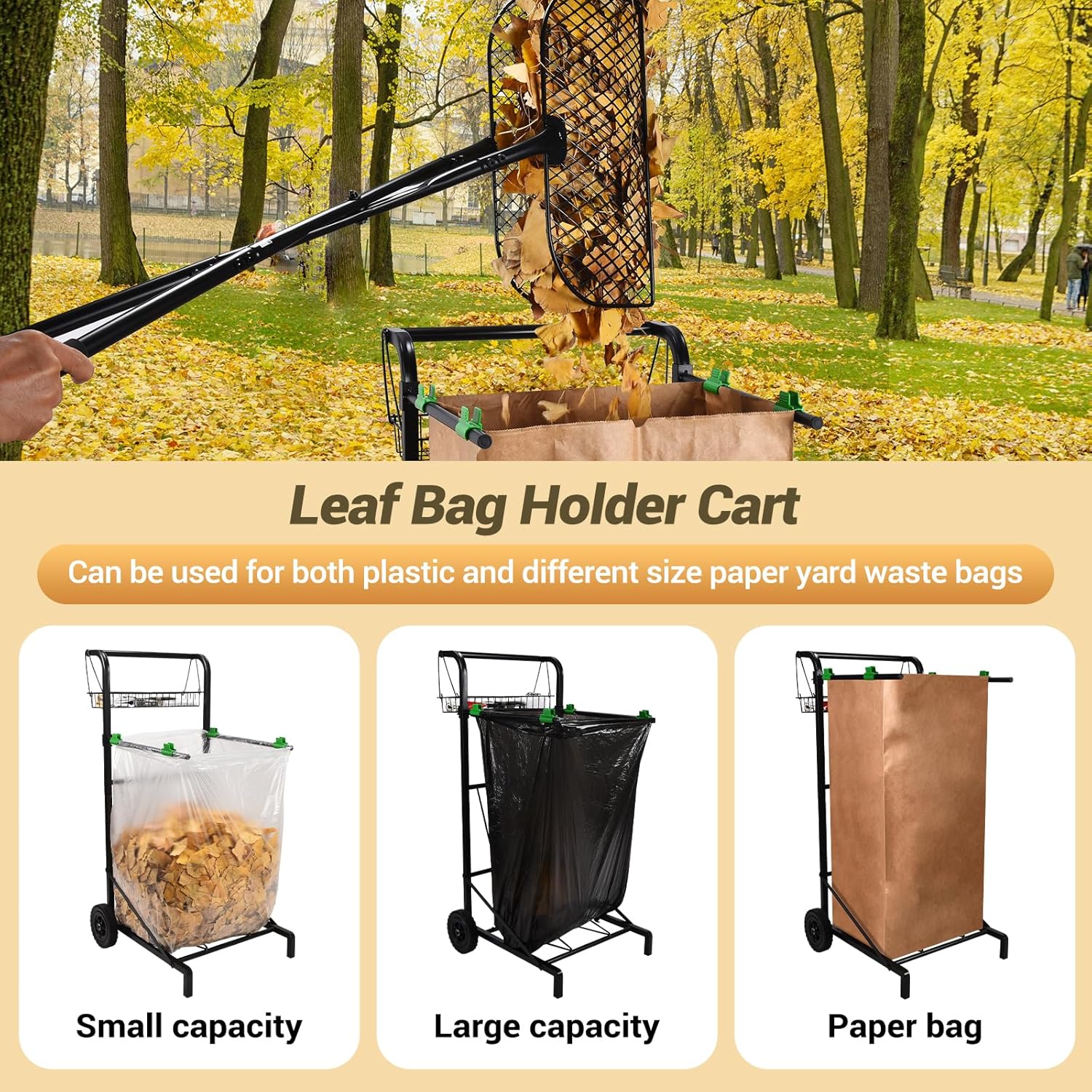 CAROD Mobile Leaf Bag Holder with Leaves Grabber Rake Combo, Lightweight Metal Leaf Grabber with Long Handle, Convenient Trash Bag Cart Holds 30-45 Gallon Trash Bags for Leaves Weeding Camping Party