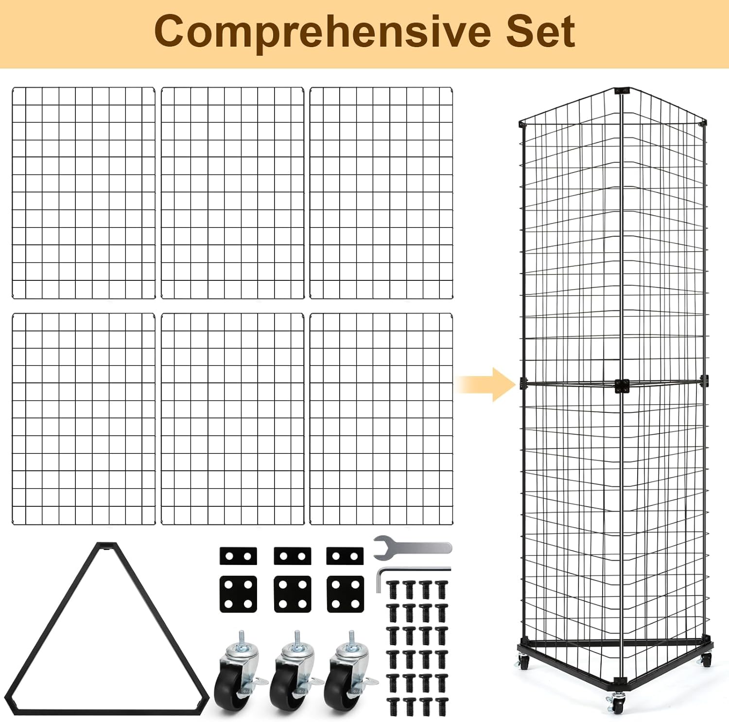 GADFISH Triangular Gridwall Panel Display Stand, Black Triangle Wire Grid Tower with Base and Casters, 24" x 68" Rolling Grid Wall, Grid Panel Stand for Home Organization, Retail, Trade Show, Vendor