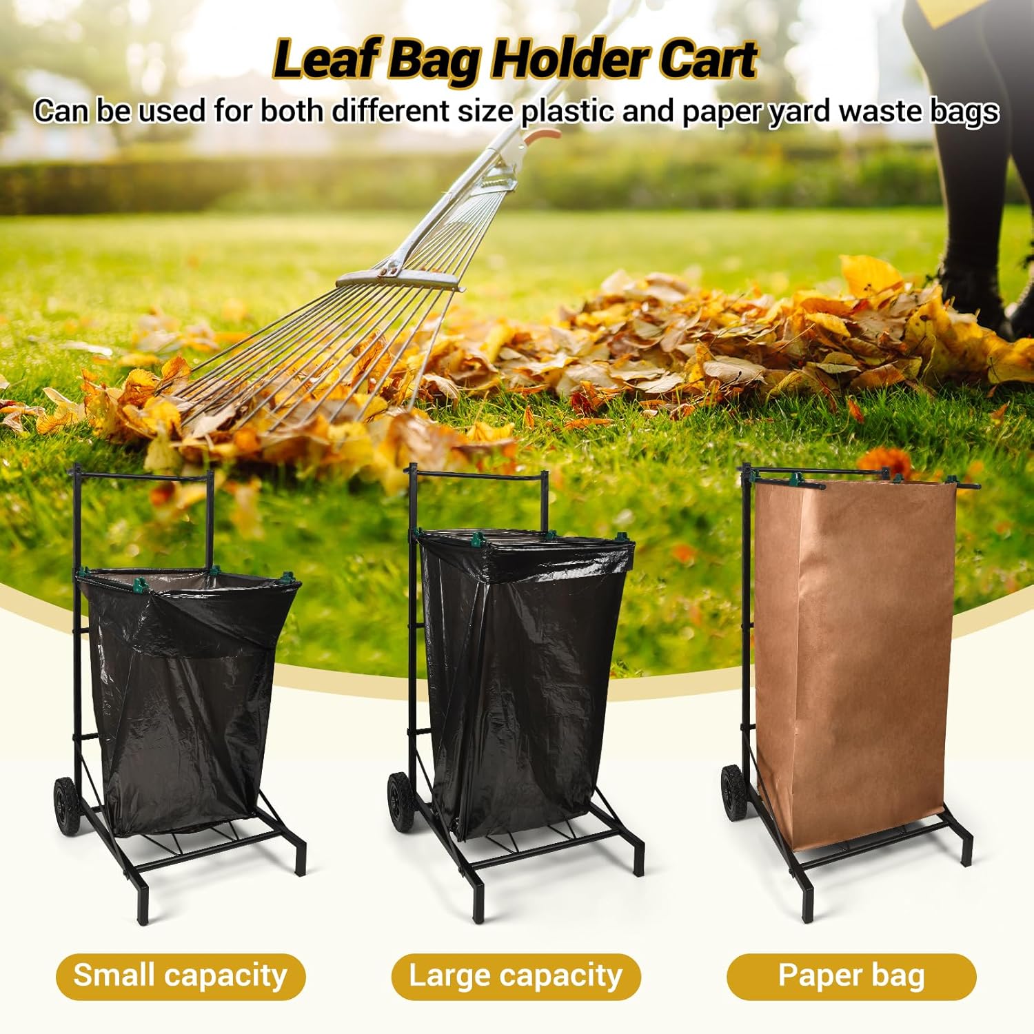 Trash Bag Holder Cart, Adjustable Metal Leaf Bag Holder from 30-45 Gallon Capacity, Mobile Garbage Bag Holder, Outdoor Garden Leaf Bag Stand for Yard & Lawn Cleanup, Gardening, Camping, Parties