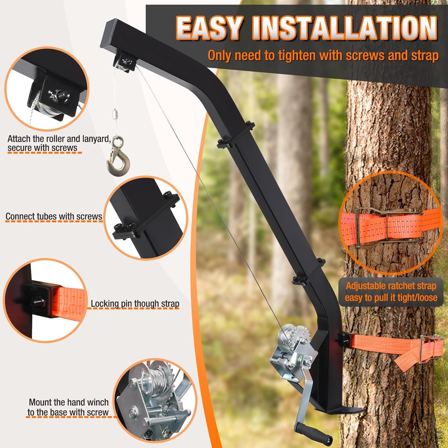 Tree Mounted Deer Hoist Stand for Hunting, 500LBS Capacity Deer Stand with Manual Winch, 23FT Steel Cable Heavy Duty Deer Hanger for Skinning, Field Dressing, Included Ratchet Strap Lock On Tree Stand