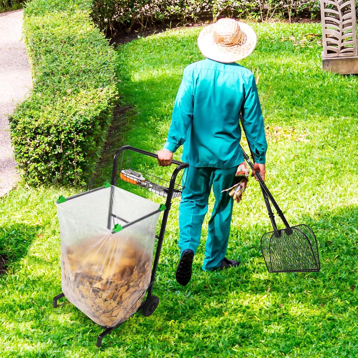 CAROD Mobile Leaf Bag Holder with Leaves Grabber Rake Combo, Lightweight Metal Leaf Grabber with Long Handle, Convenient Trash Bag Cart Holds 30-45 Gallon Trash Bags for Leaves Weeding Camping Party