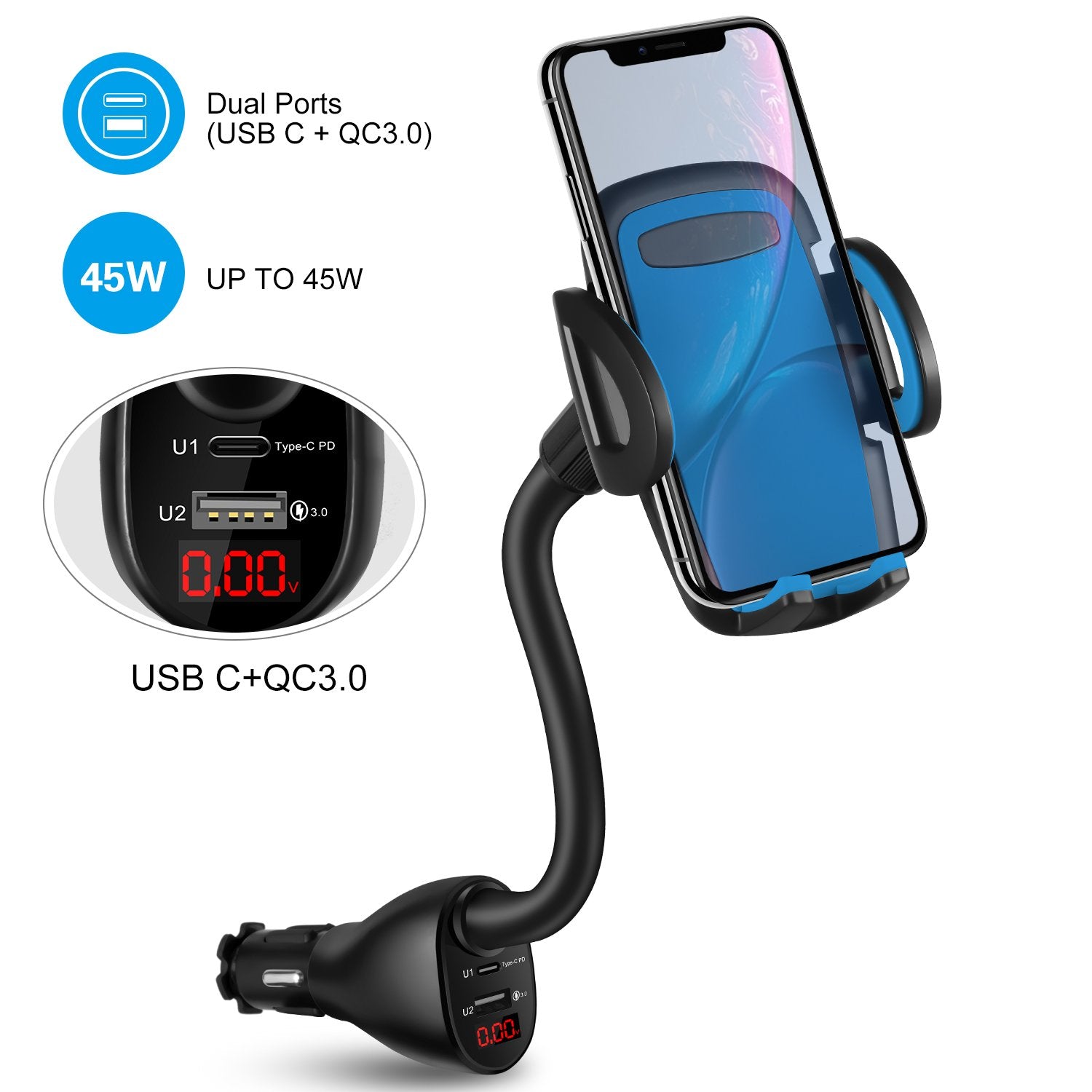 WALOTAR USB C PD Car Cigarette Lighter iPhone Mount Holder- Fast Car Charger 45W Power Delivery Dual Port(USB TypeC+QC3.0),Adjustable Cell Phone Cradle with USB C to Lightning Cable