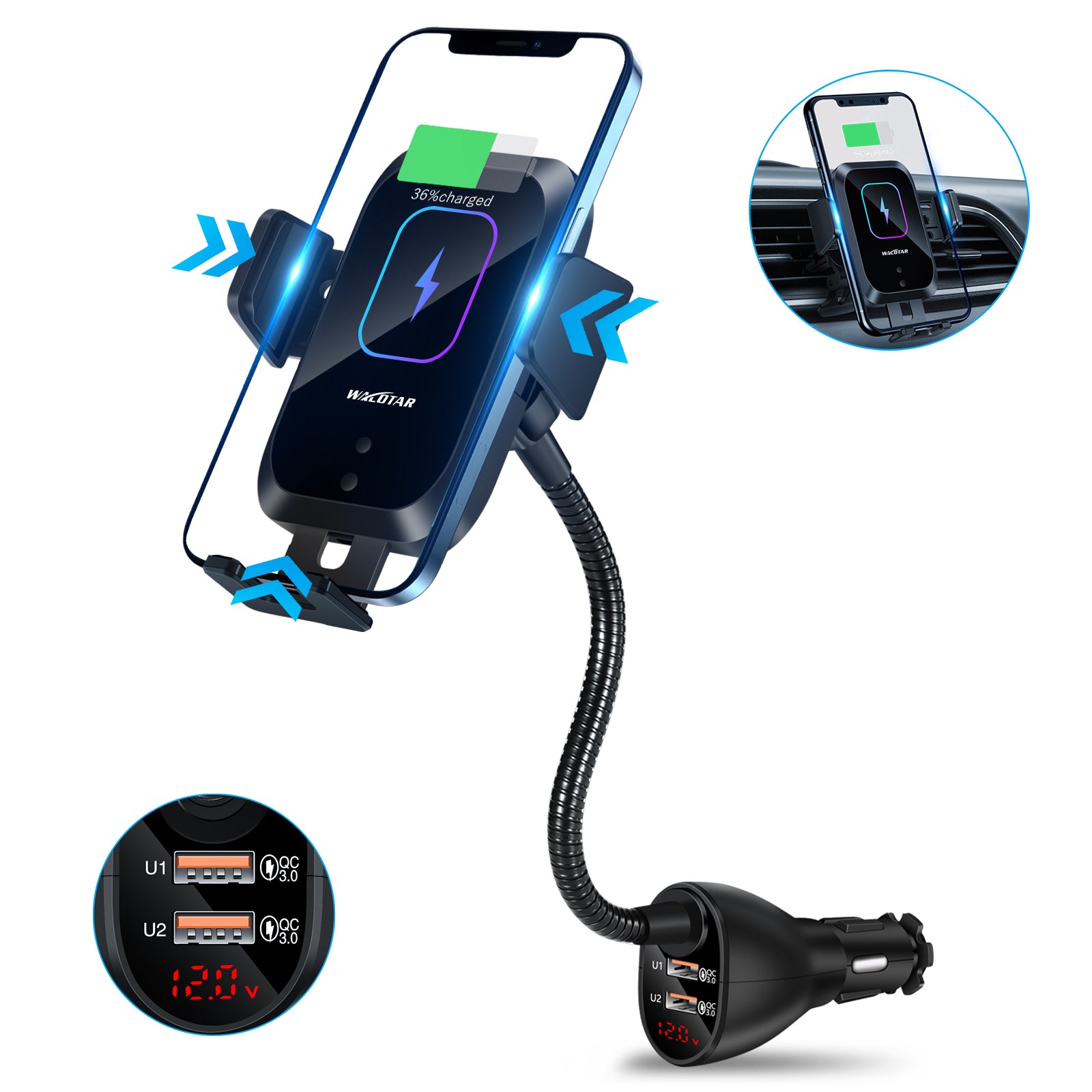 HVDI Wireless Car Charger Mount,Car Cigarette Lighter 15W Qi Fast Charging Auto-Clamping Dual QC 3.0 Port Air Vent Car Charger Phone Holder,for iPhone 12 Pro Max/11 Pro Max/XR/X/8,Samsung S20/S10/9/8