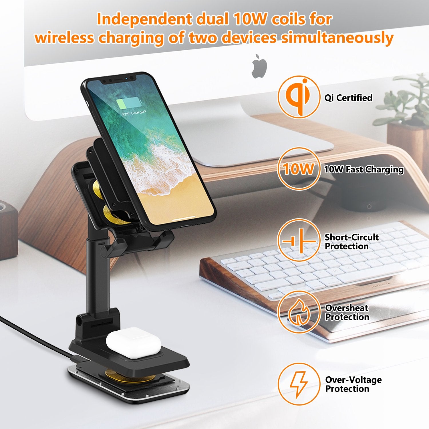 Cell Phone Stand Wireless Charger for Desk-WALOTAR Dual 10W Qi Fast Wireless Charging Foldable Angle&Height Adjustable Phone Holder for iPhone 11/Pro/Max/X/XR/XS Max/8/AirPods/Pro,Galaxy S20/S10/S9/S8