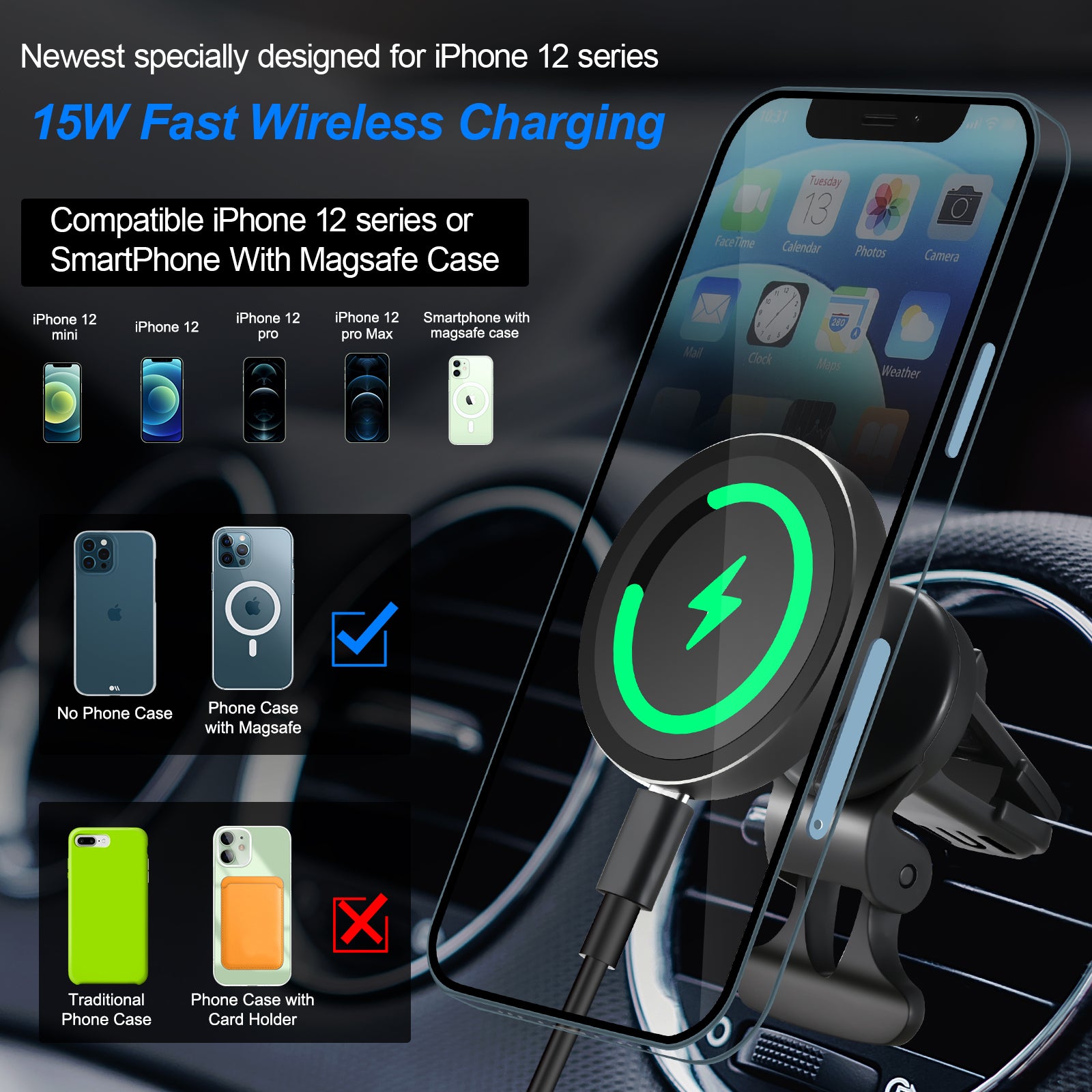 HVDI Mag-Safe 15W Car Cigarette Lighter Wireless Charger, Magnetic Auto-Alignment Air Vent Mount Holder with Dual Port PD&QC3.0 Fast Charging for iPhone 12/12 Pro/ 12 Pro Max/12 Mini