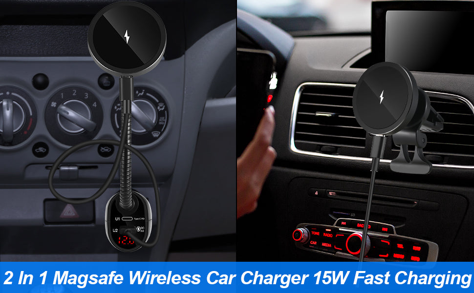 HVDI Mag-Safe 15W Car Cigarette Lighter Wireless Charger, Magnetic Auto-Alignment Air Vent Mount Holder with Dual Port PD&QC3.0 Fast Charging for iPhone 12/12 Pro/ 12 Pro Max/12 Mini