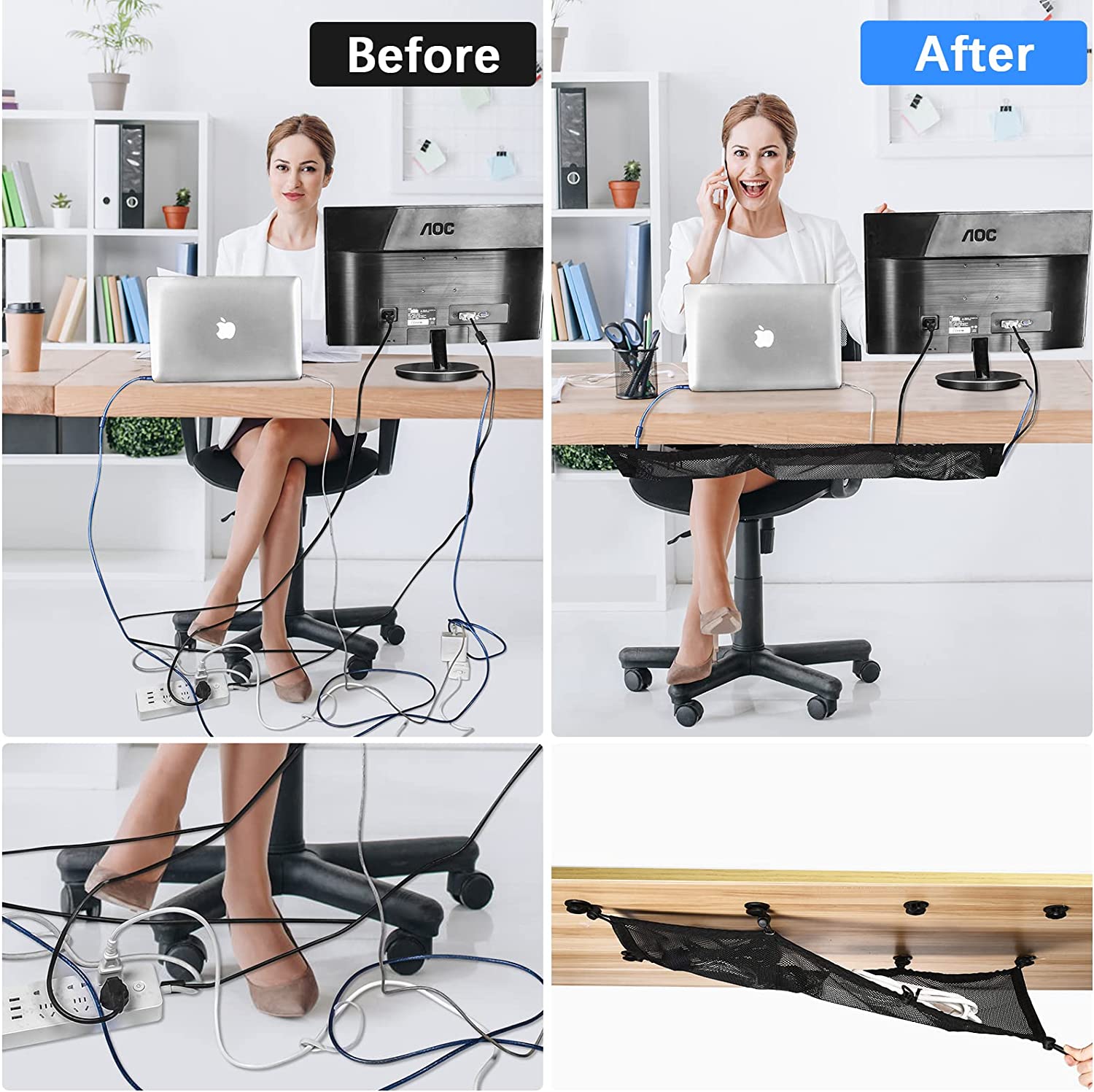 Cable Management Net Under Desk Kit, ZZM Privacy Mesh Cable Manager Flexible Under Desk Wire Net Large Capacity Cord Organizer Net for Office,Standing Desk, Home, 26 X 10 Inches