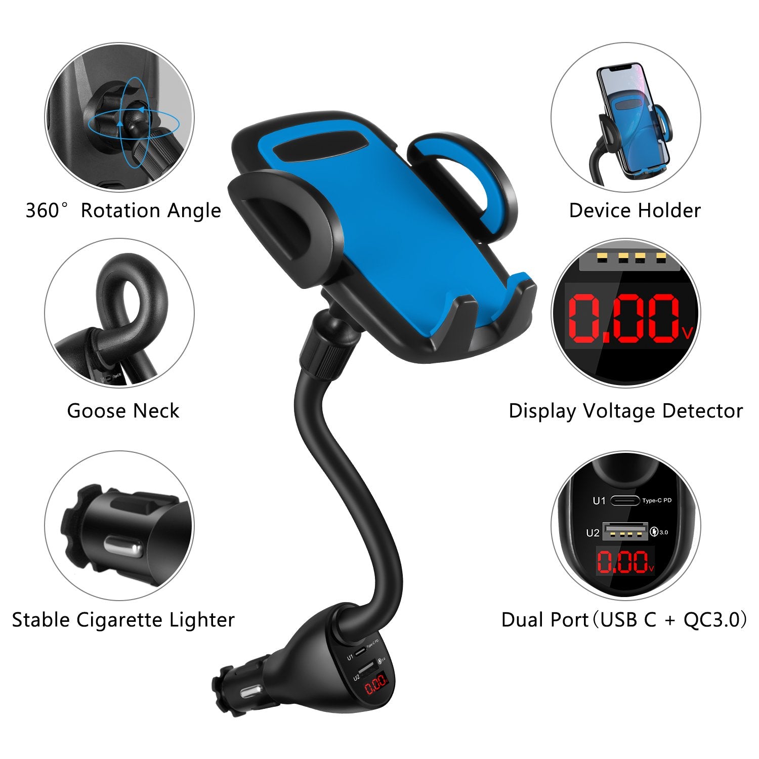 WALOTAR USB C PD Car Cigarette Lighter iPhone Mount Holder- Fast Car Charger 45W Power Delivery Dual Port(USB TypeC+QC3.0),Adjustable Cell Phone Cradle with USB C to Lightning Cable