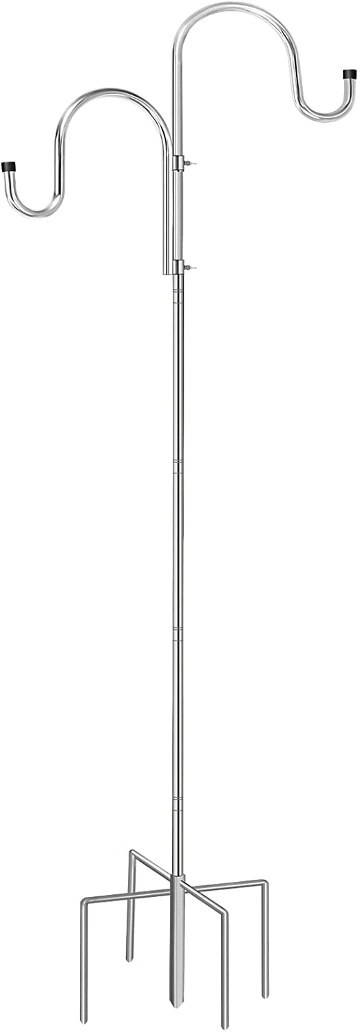 78 Inch Stainless Steel Shepherd Hooks for Bird Feeder Pole, Double Sided Hook for String Light ,Height Adjustable with 5 Prong Base for Garden Plant Hanger Wedding Decor Wind Chimes ,Sliver( 1 Pack)