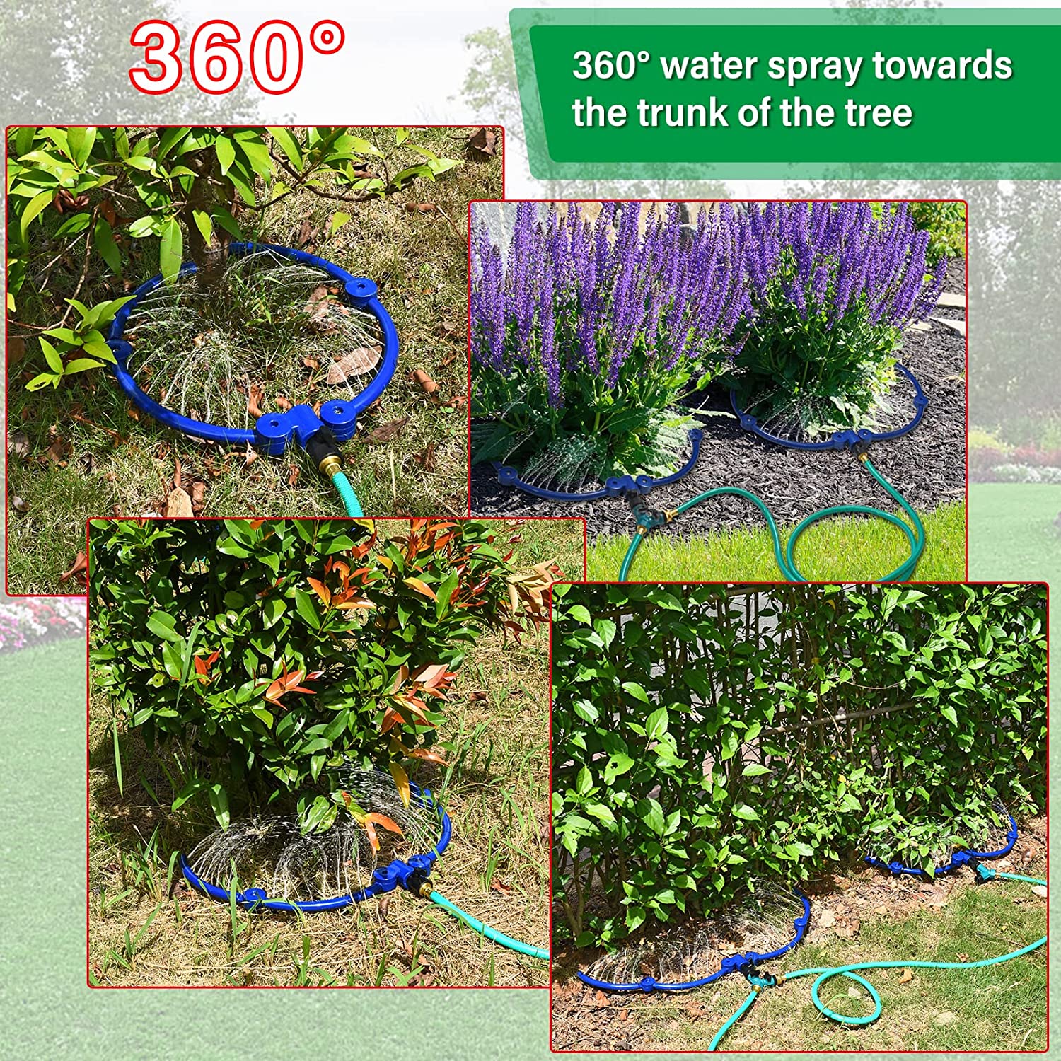 ZZM 360°Tree Water System Tree Watering Ring Circle Sprinkler and Irrigation System Targeted Water with Y Hose Splitter for New Tree Outdoor Plants Raised Garden Beds Shrubs