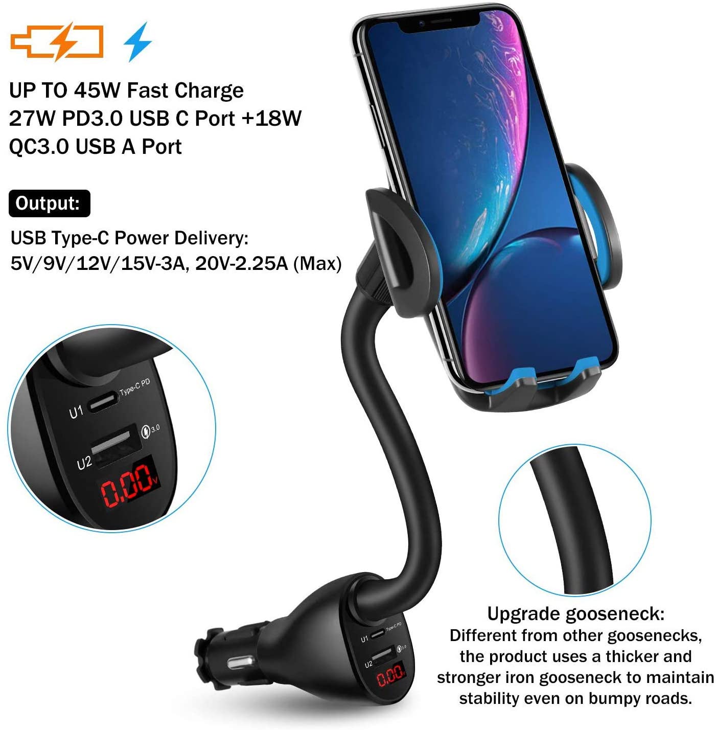 USB C PD Car Cigarette Lighter Phone Mount,WALOTAR Fast Car Charger Dual Port 45W Power Delivery (27W USB Type C +QC3.0) with Voltage Detector,Adjustable Universal Cell Phone Cradle Holder