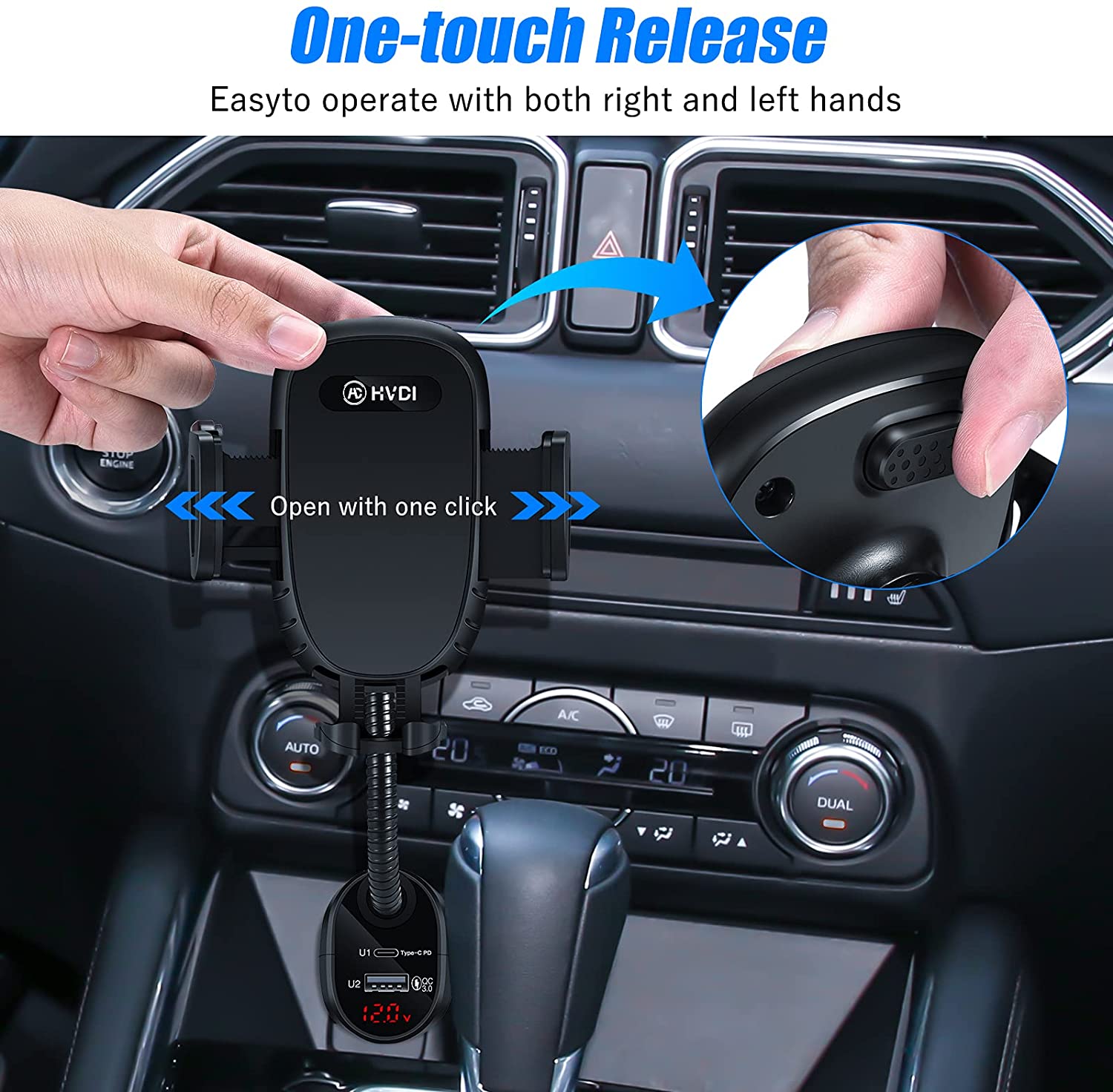 HVDI Car Cigarette Lighter Phone Mount - USB C Fast Car Charger Phone Holder,36W Power Delivery Dual Port(PD+QC3.0),Adjustable Cell Phone Cradle with Voltage Detector